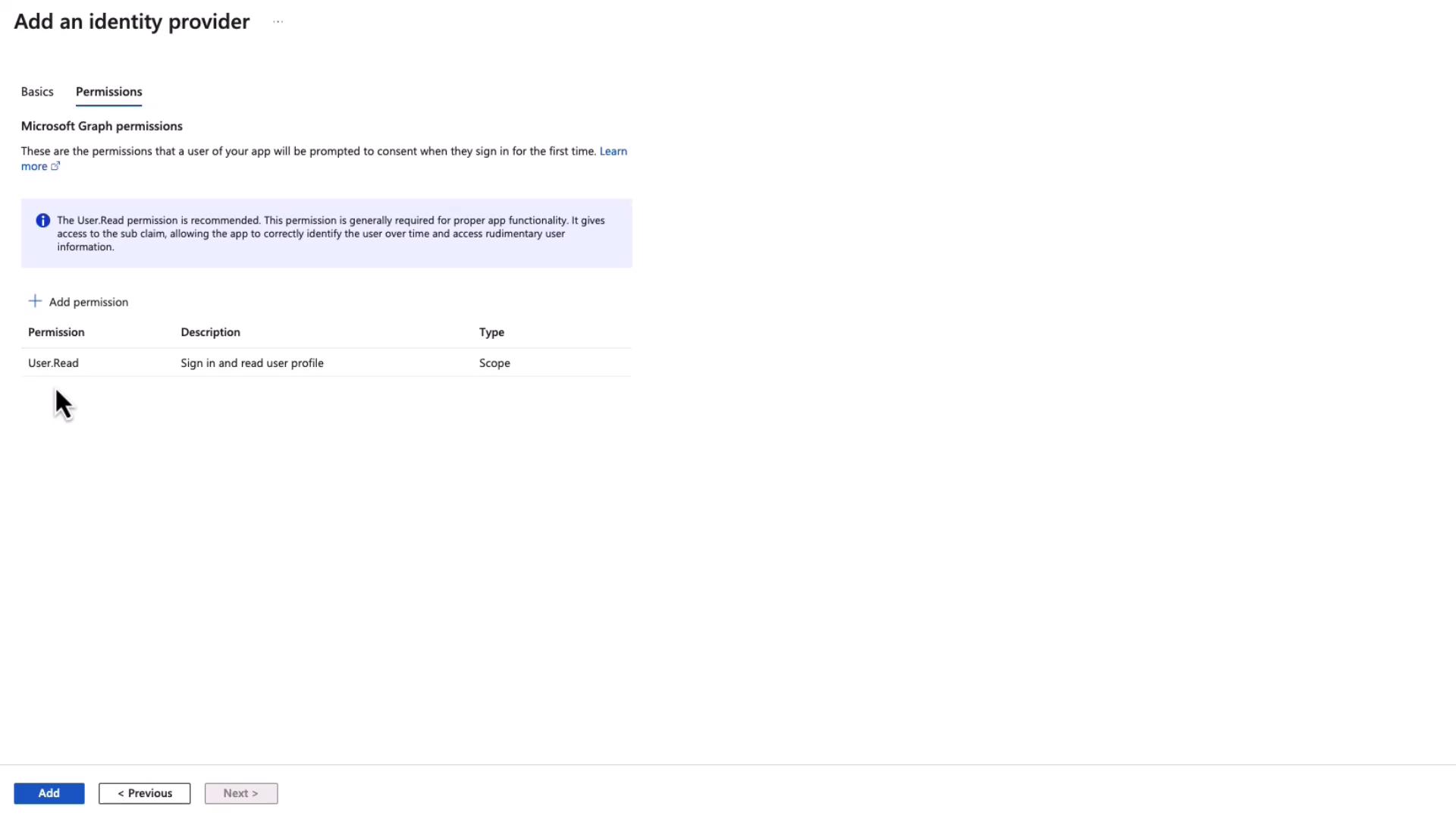 The image shows a screen for adding an identity provider with Microsoft Graph permissions, specifically highlighting the "User.Read" permission for signing in and reading user profiles.