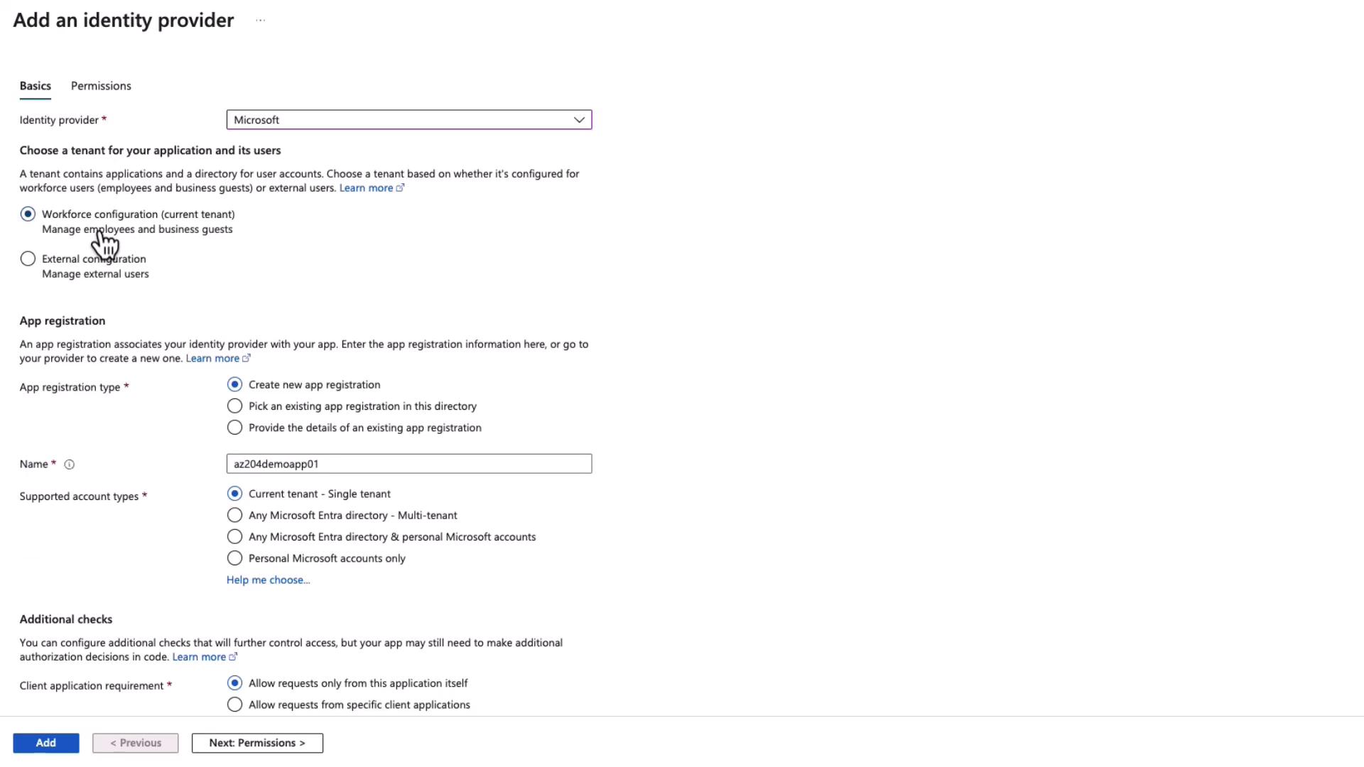 The image shows a form for adding an identity provider, specifically for Microsoft, with options for tenant configuration, app registration, and supported account types. It includes selections for workforce or external configuration and additional checks for client application requirements.