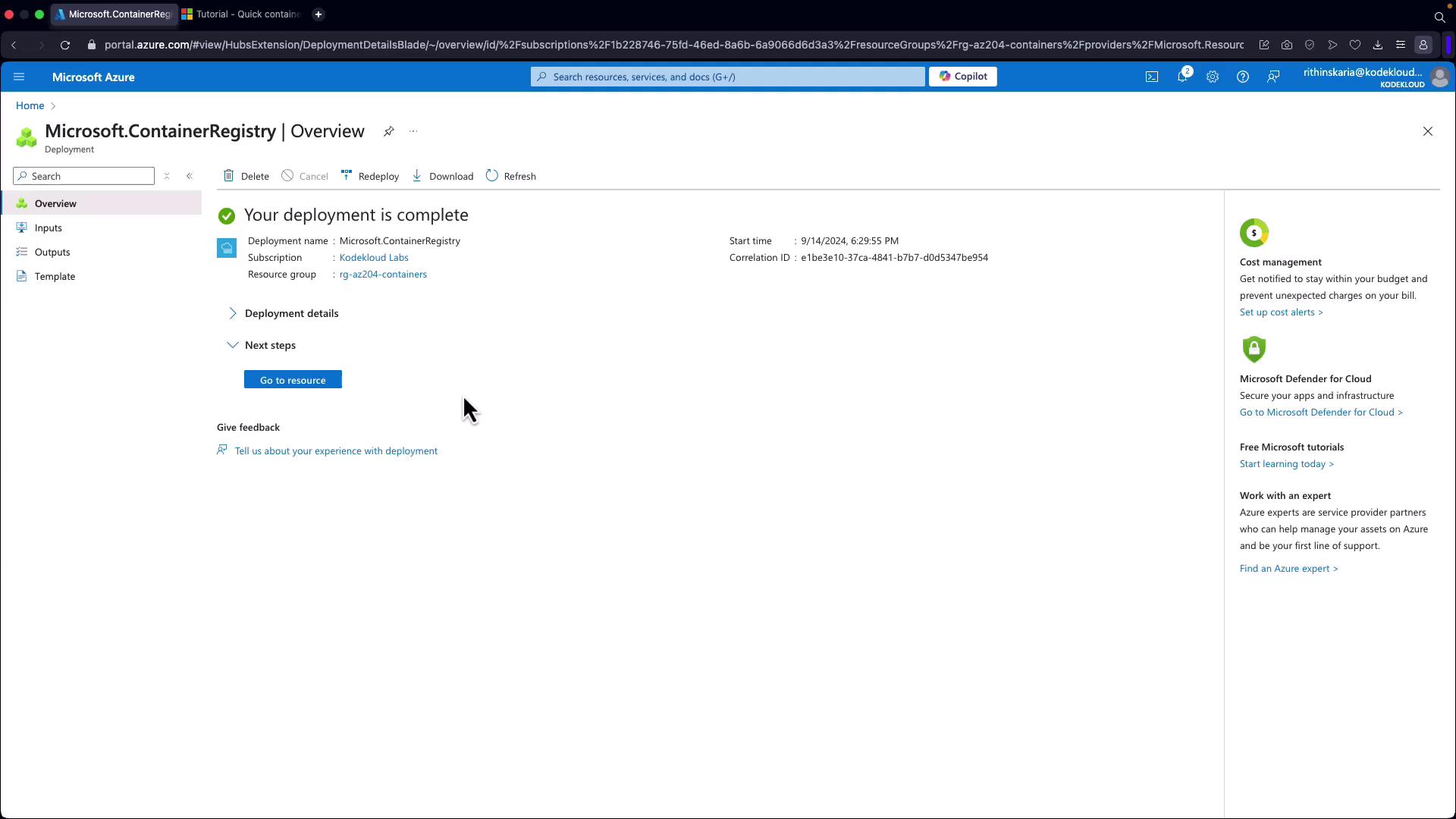 The image shows a Microsoft Azure portal page indicating that a deployment of "Microsoft.ContainerRegistry" is complete. It includes options to view deployment details, next steps, and a button to go to the resource.