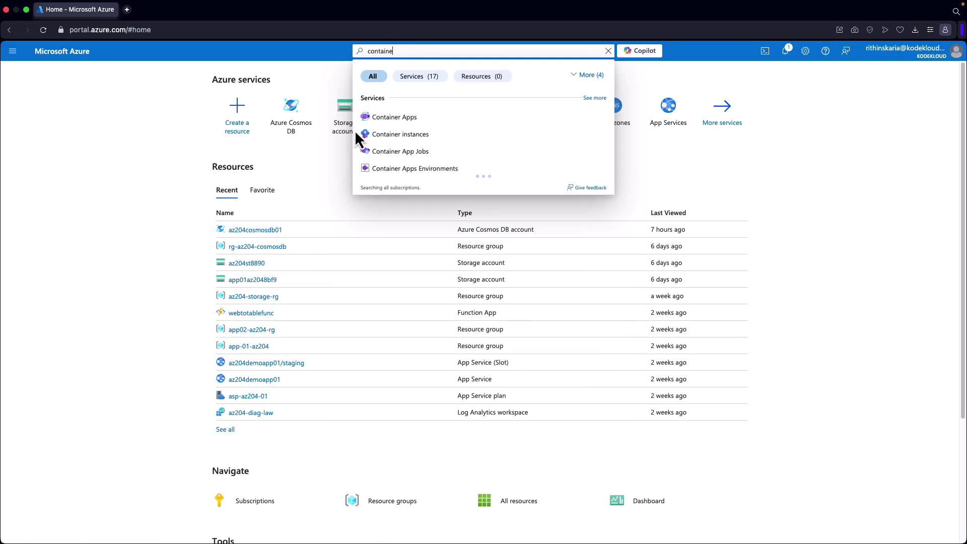 The image shows the Microsoft Azure portal with a search bar displaying results for "container," listing services like Container Apps and Container Instances. Below, there is a list of resources with their types and last viewed dates.