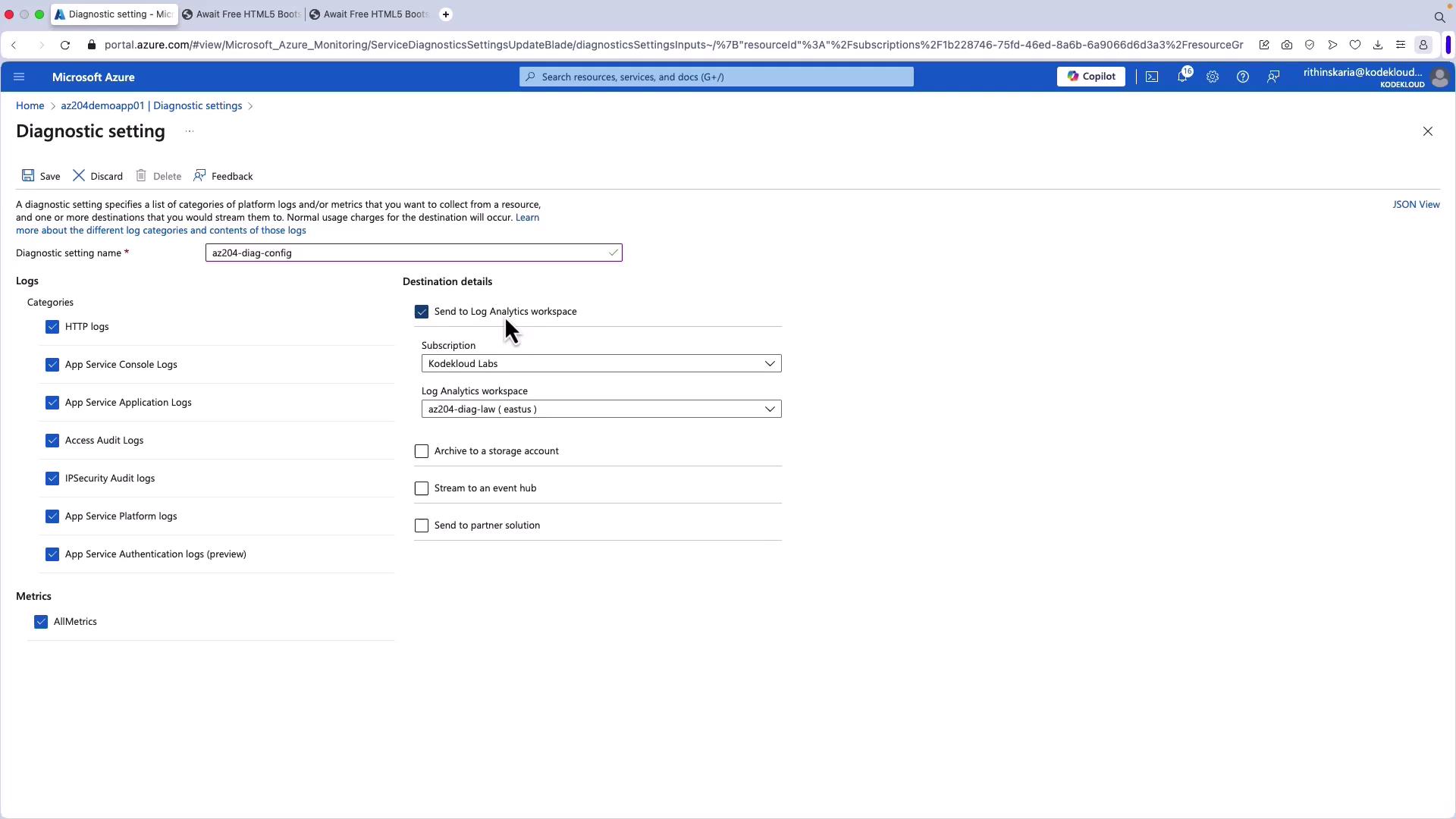 The image shows a Microsoft Azure portal page for configuring diagnostic settings, where various log categories and destination details are selected for sending data to a Log Analytics workspace.