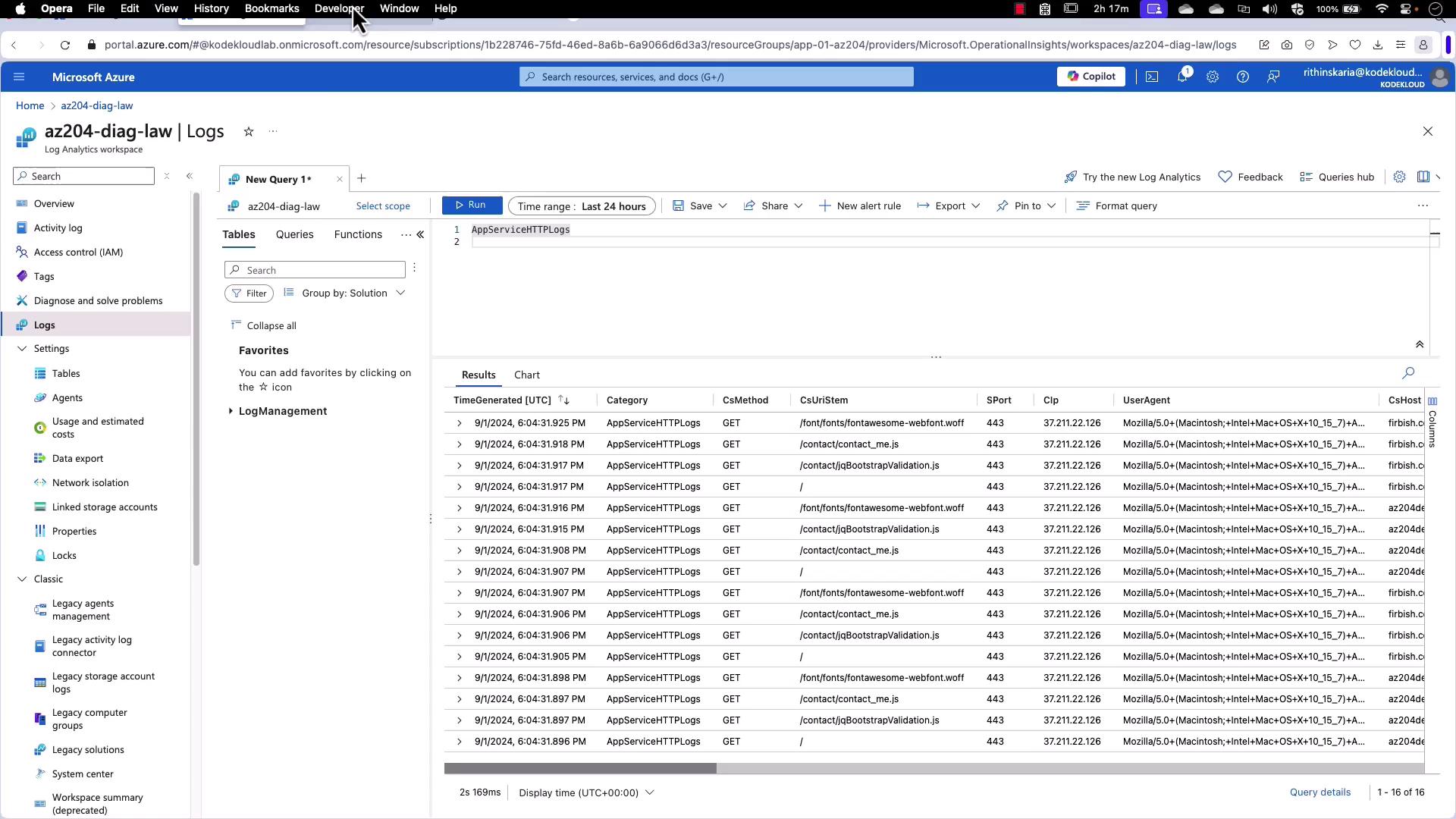 The image shows a Microsoft Azure portal interface displaying log analytics for an application, with a table listing HTTP log entries including details like time generated, category, method, and user agent.