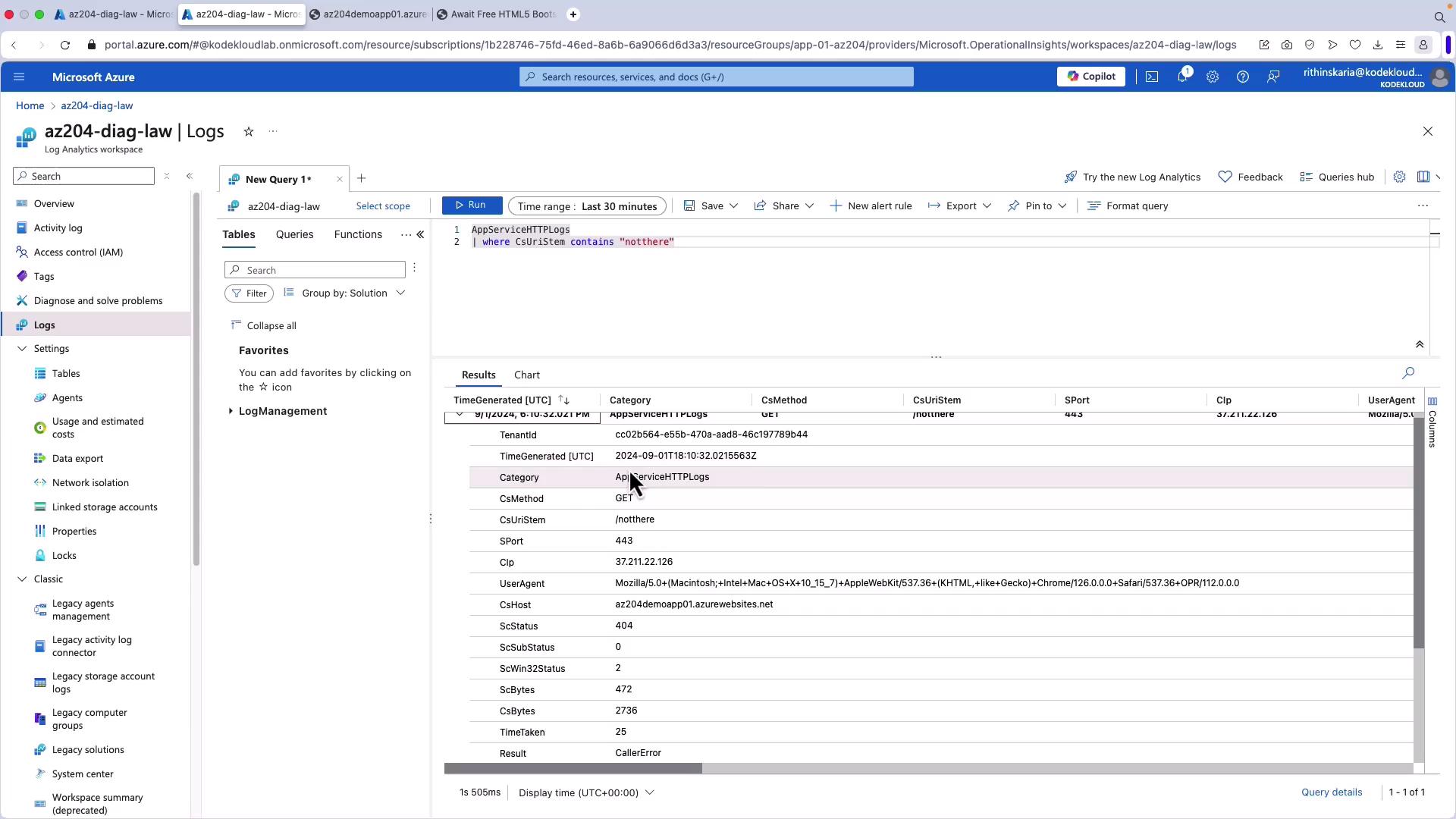 The image shows a Microsoft Azure portal interface displaying log analytics for a workspace. It includes a query result table with details such as time generated, category, method, and status.