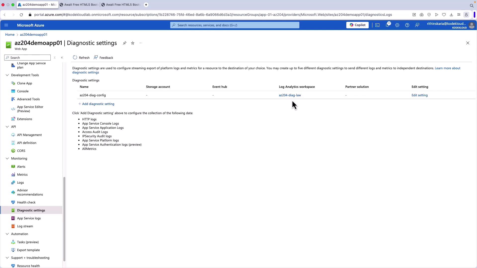 The image shows the Diagnostic settings page for a web app in Microsoft Azure, displaying options for configuring log and metric exports. It includes a list of diagnostic settings and available data types for collection.