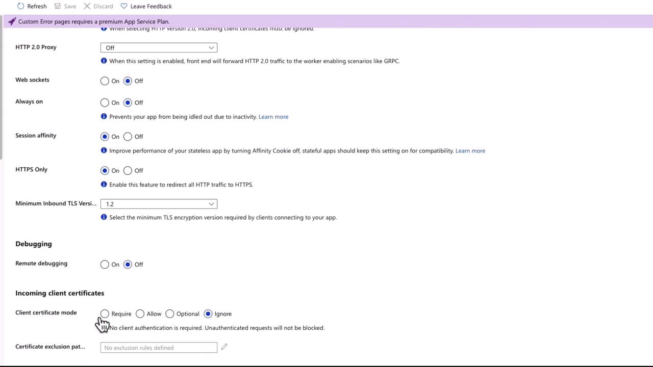 The image shows a settings page for configuring various options such as HTTP 2.0 Proxy, Web sockets, Always on, Session affinity, HTTPS Only, and debugging features. It also includes settings for incoming client certificates and minimum TLS version.