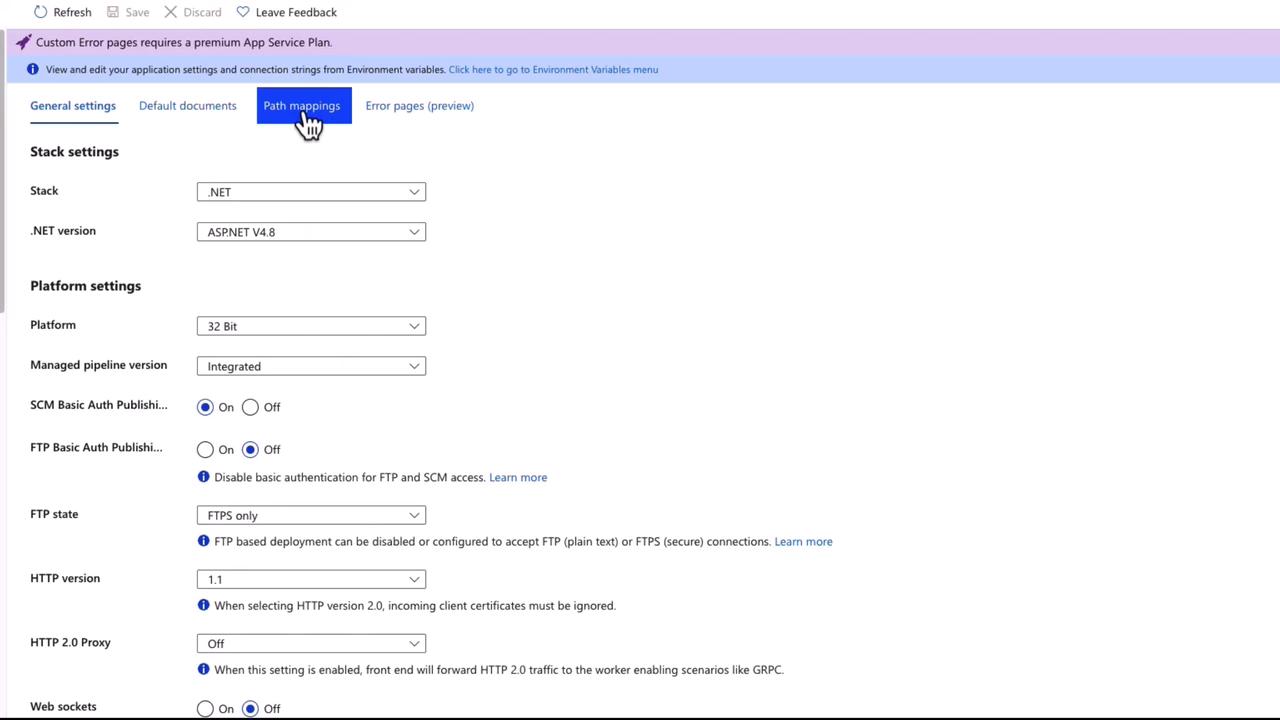 The image shows a settings page for configuring a web application, with options for stack settings, platform settings, and authentication methods. It includes selections for .NET version, platform type, and various protocol settings.