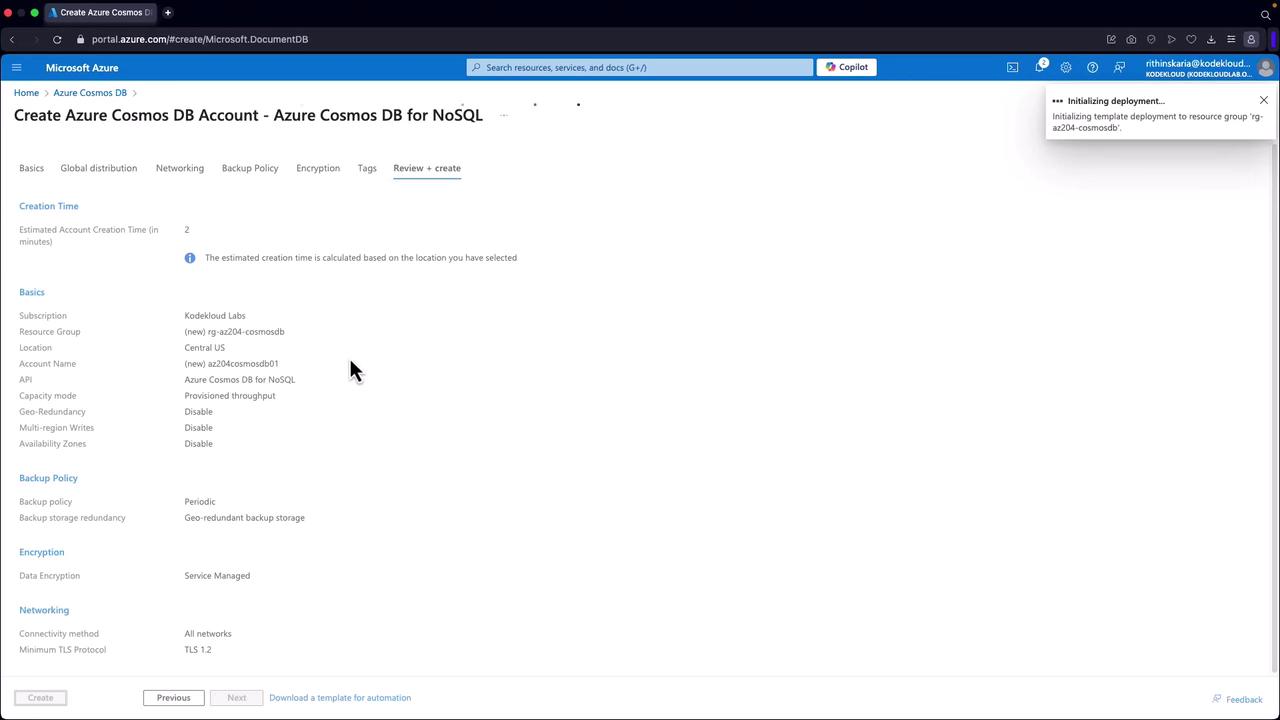 The image shows a Microsoft Azure portal page for creating an Azure Cosmos DB account for NoSQL, displaying configuration details like subscription, resource group, location, and backup policy.