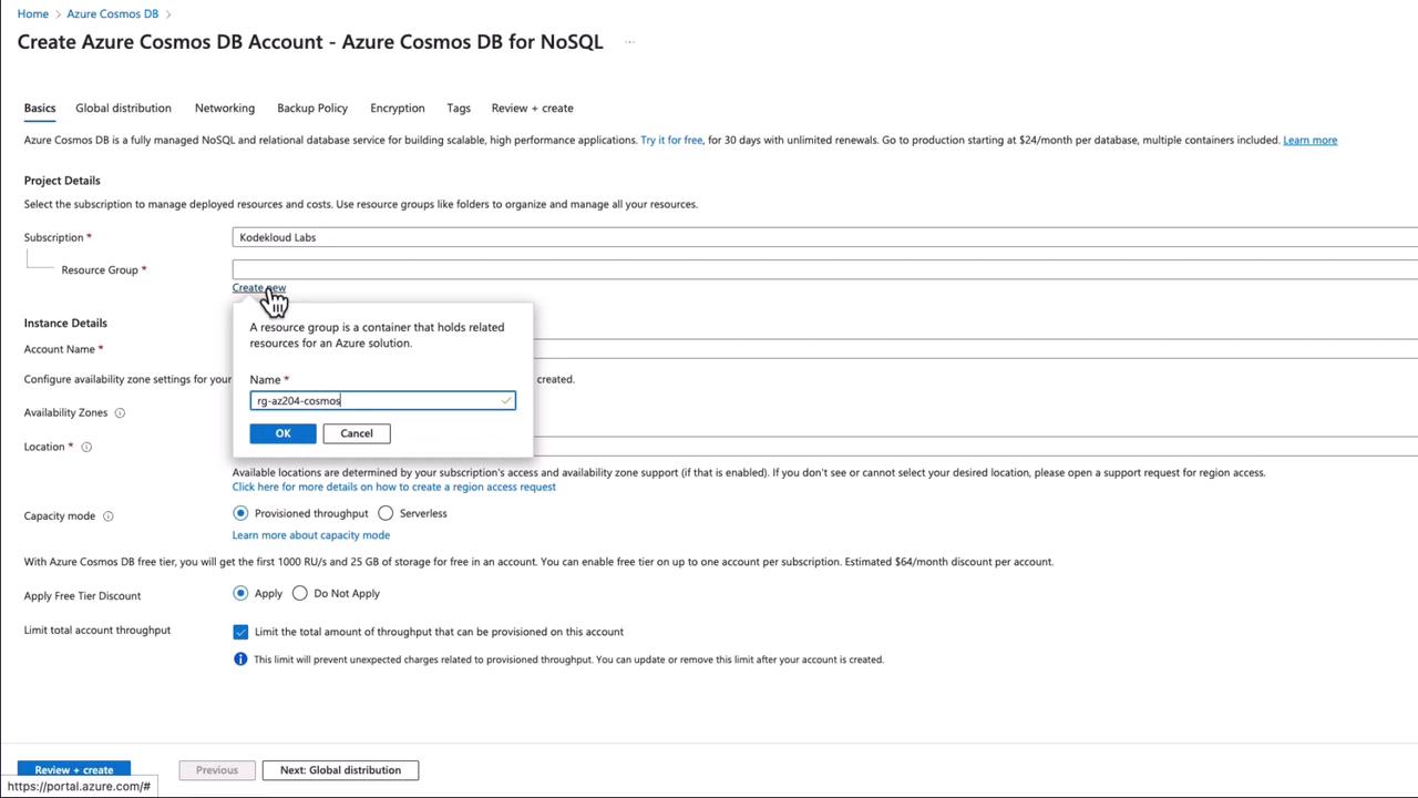 The image shows a web interface for creating an Azure Cosmos DB account, with fields for project and instance details, including subscription, resource group, and account name. A pop-up window is open for creating a new resource group.