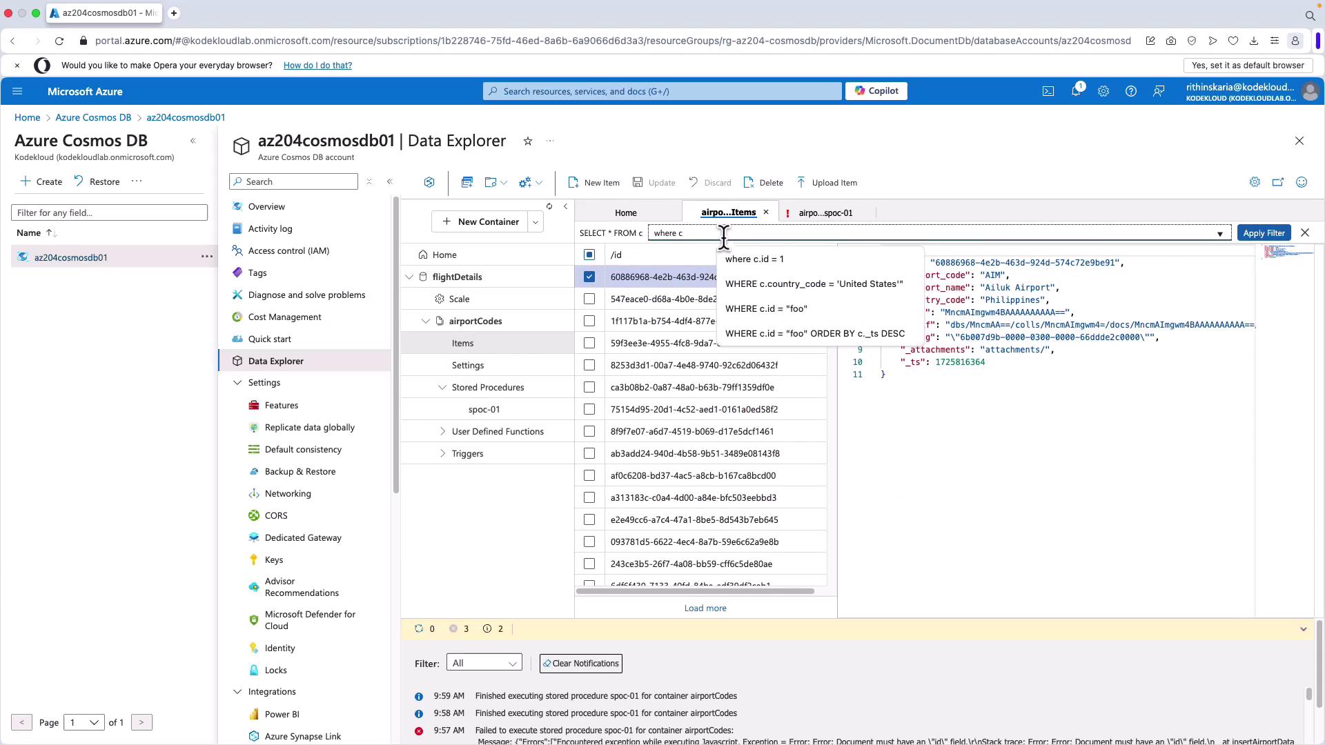 The image shows the Azure Cosmos DB Data Explorer interface, displaying a list of items from a database with a query editor and JSON document details on the right. The interface includes options for creating containers, running queries, and managing database settings.