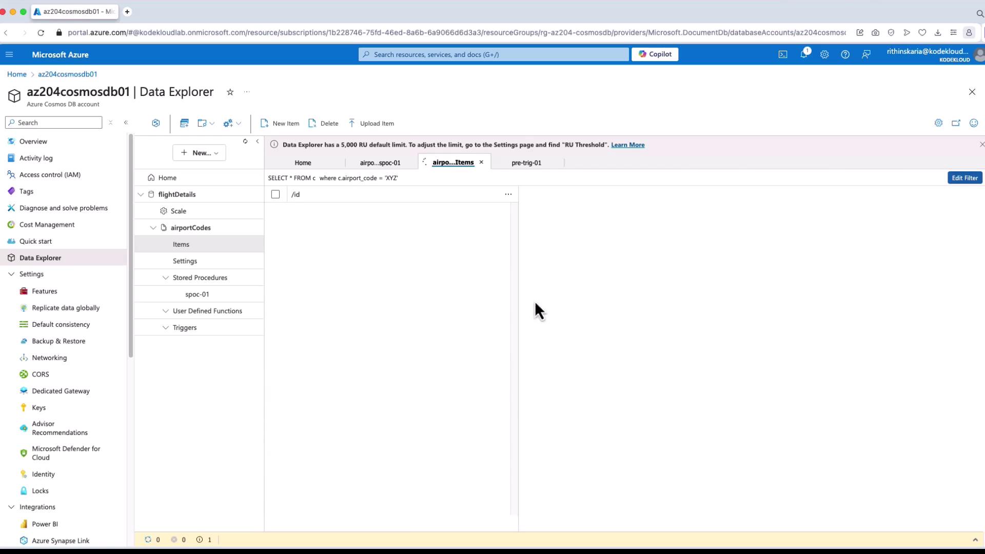The image shows the Microsoft Azure Data Explorer interface, displaying a query on a Cosmos DB account with navigation options on the left and a query editor on the right.