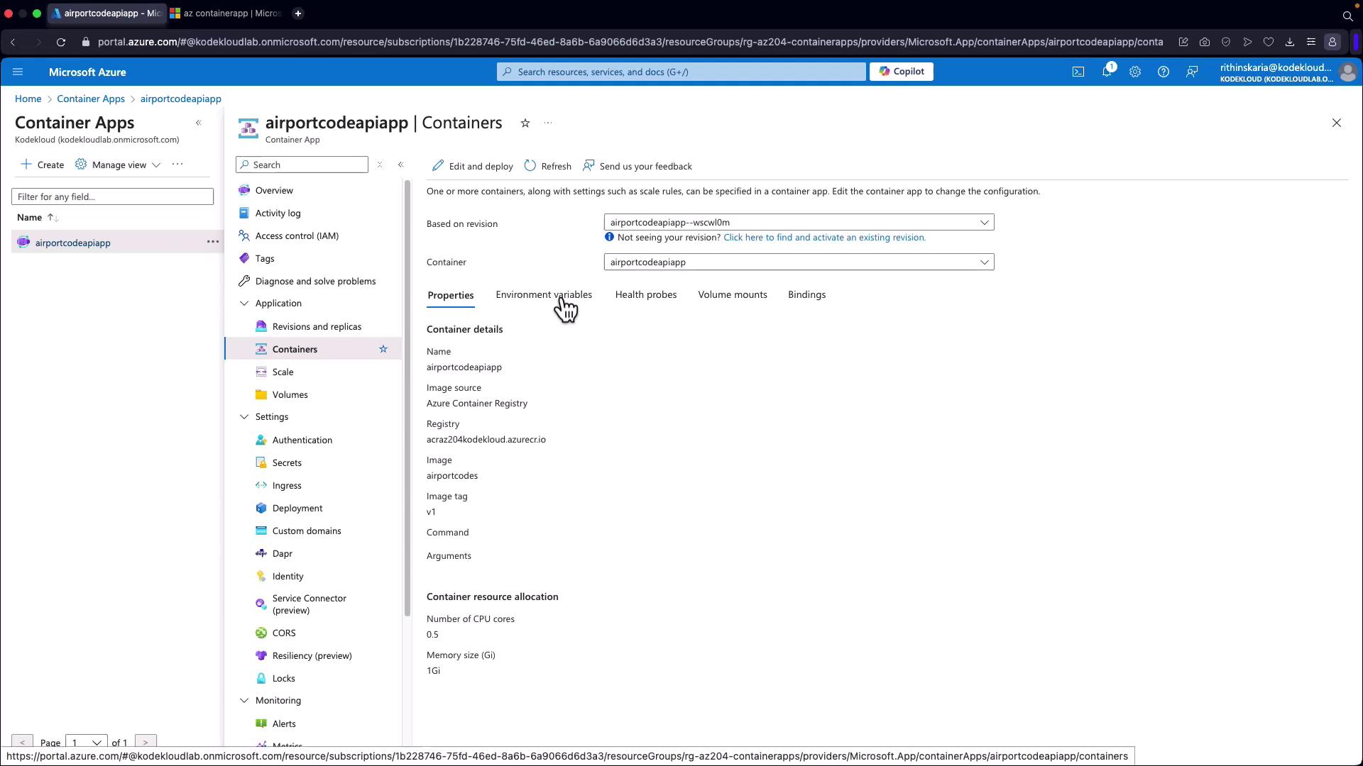 The image shows a Microsoft Azure portal interface for managing a container app named "airportcodeapiapp," displaying its properties and container details.