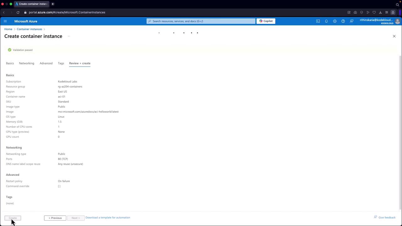 The image shows a Microsoft Azure portal page for creating a container instance, displaying configuration details such as subscription, resource group, region, and container specifications.