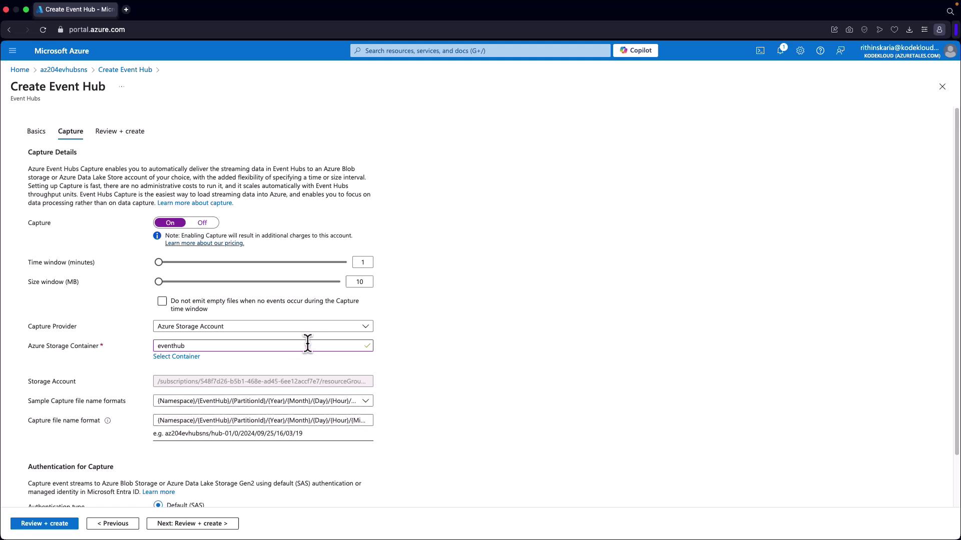 The image shows the "Capture" settings page for creating an Event Hub in Microsoft Azure. It includes options for enabling capture, setting time and size windows, and selecting a storage container.
