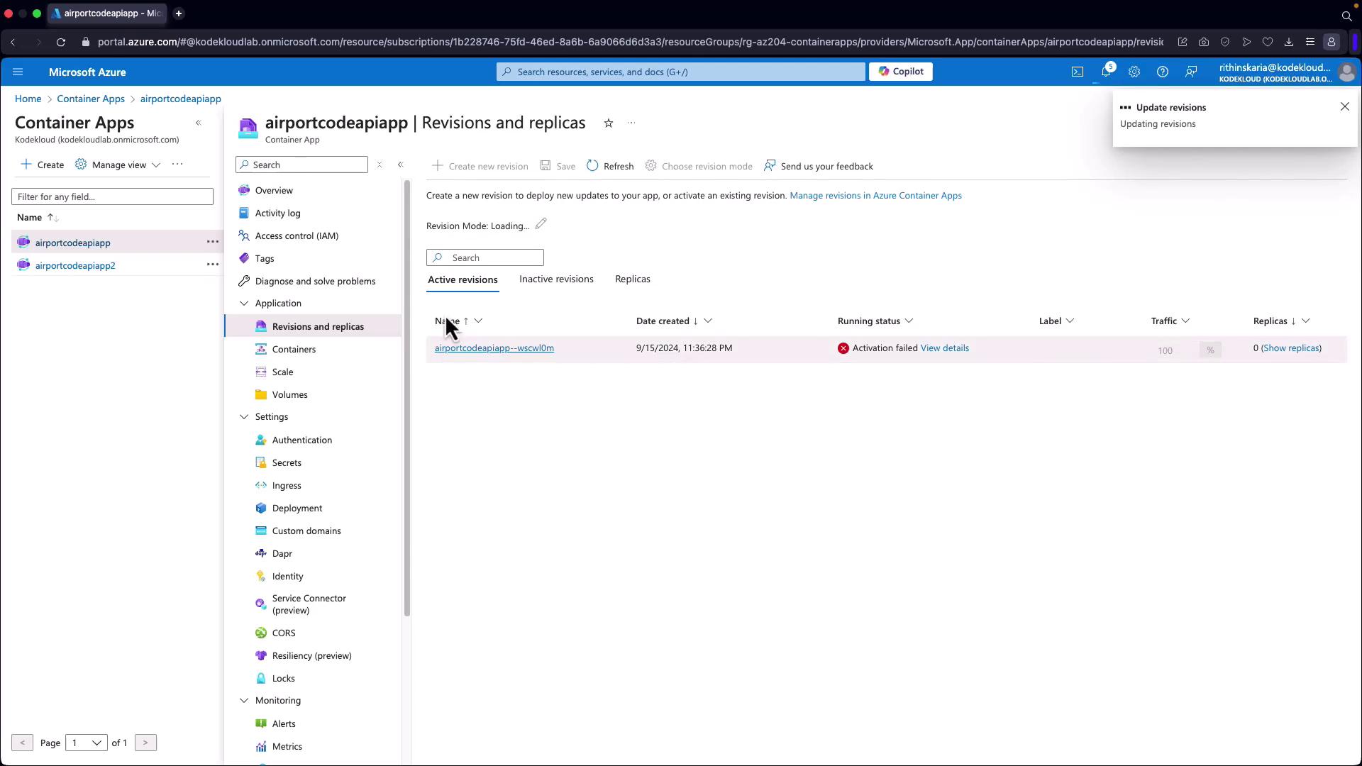 The image shows the Microsoft Azure portal interface, specifically the "Revisions and replicas" section for a container app named "airportcodeaiapp," with an active revision that has a failed activation status.