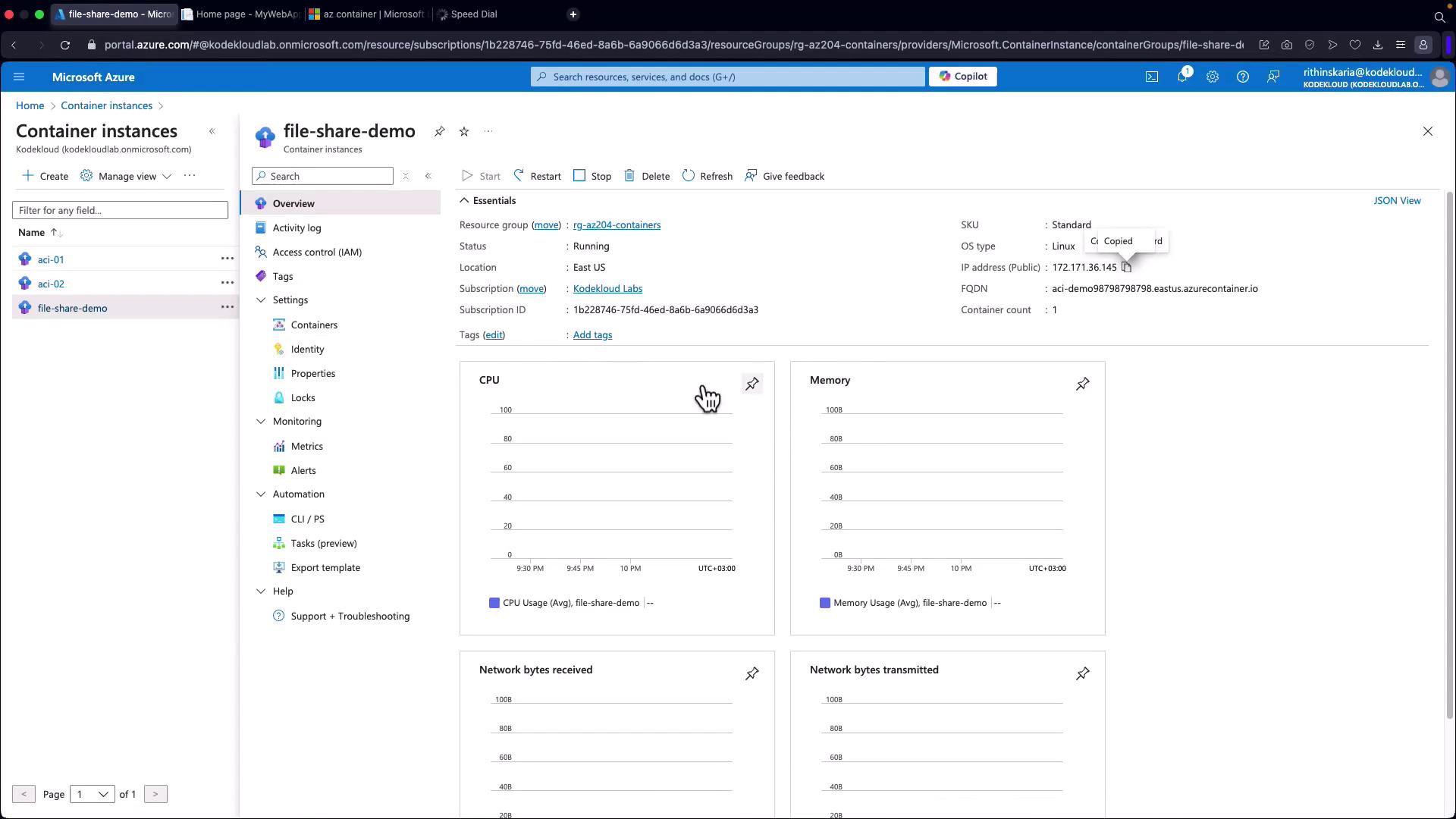 The image shows a Microsoft Azure portal interface displaying details of a container instance named "file-share-demo," including its status, resource group, and performance metrics like CPU and memory usage.