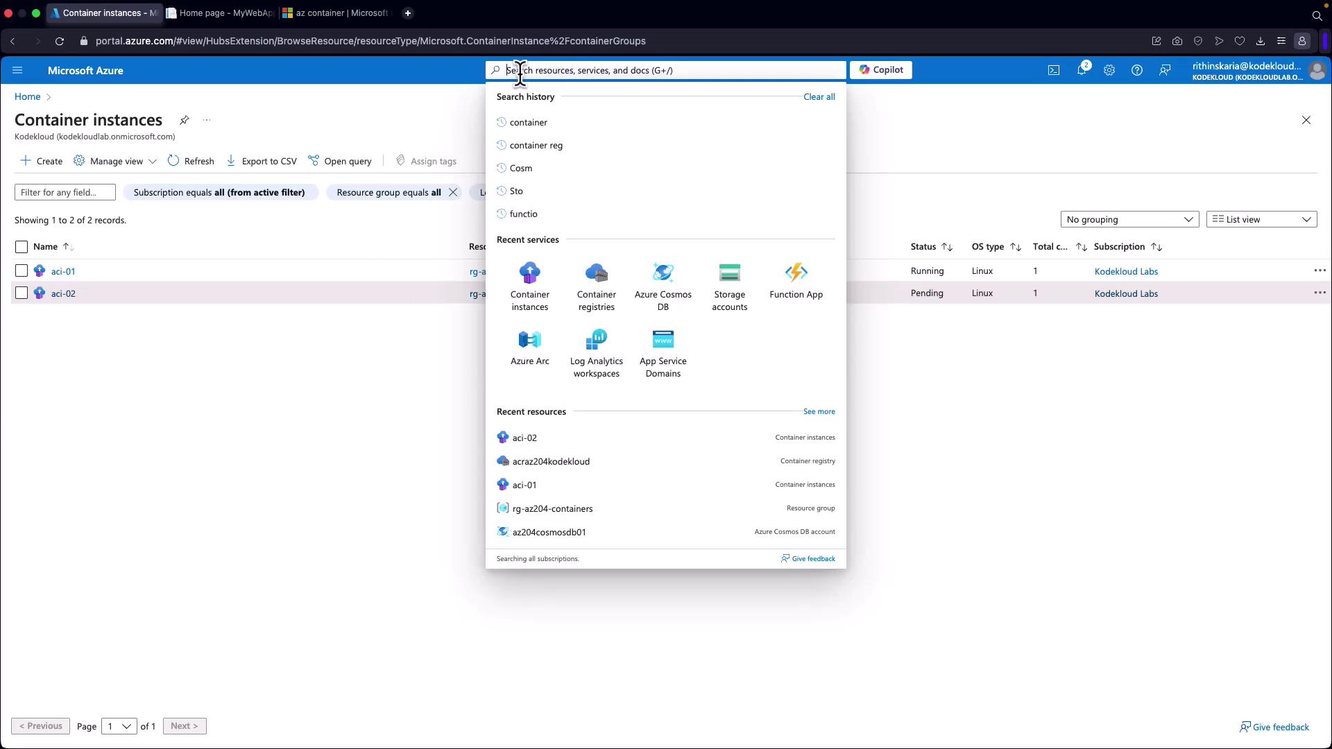 The image shows the Microsoft Azure portal with a focus on container instances, displaying a search bar and a dropdown menu with recent services and resources. Two container instances, "aci-01" and "aci-02," are listed with their statuses and details.