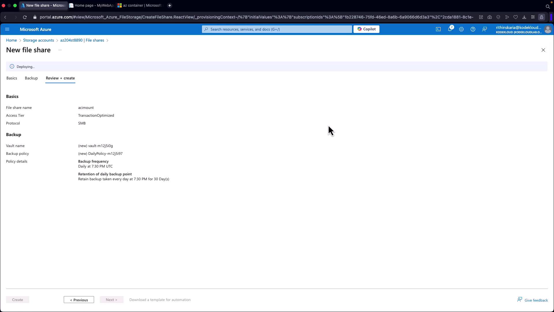 The image shows a Microsoft Azure portal interface for creating a new file share, displaying details such as file share name, access tier, protocol, and backup settings.