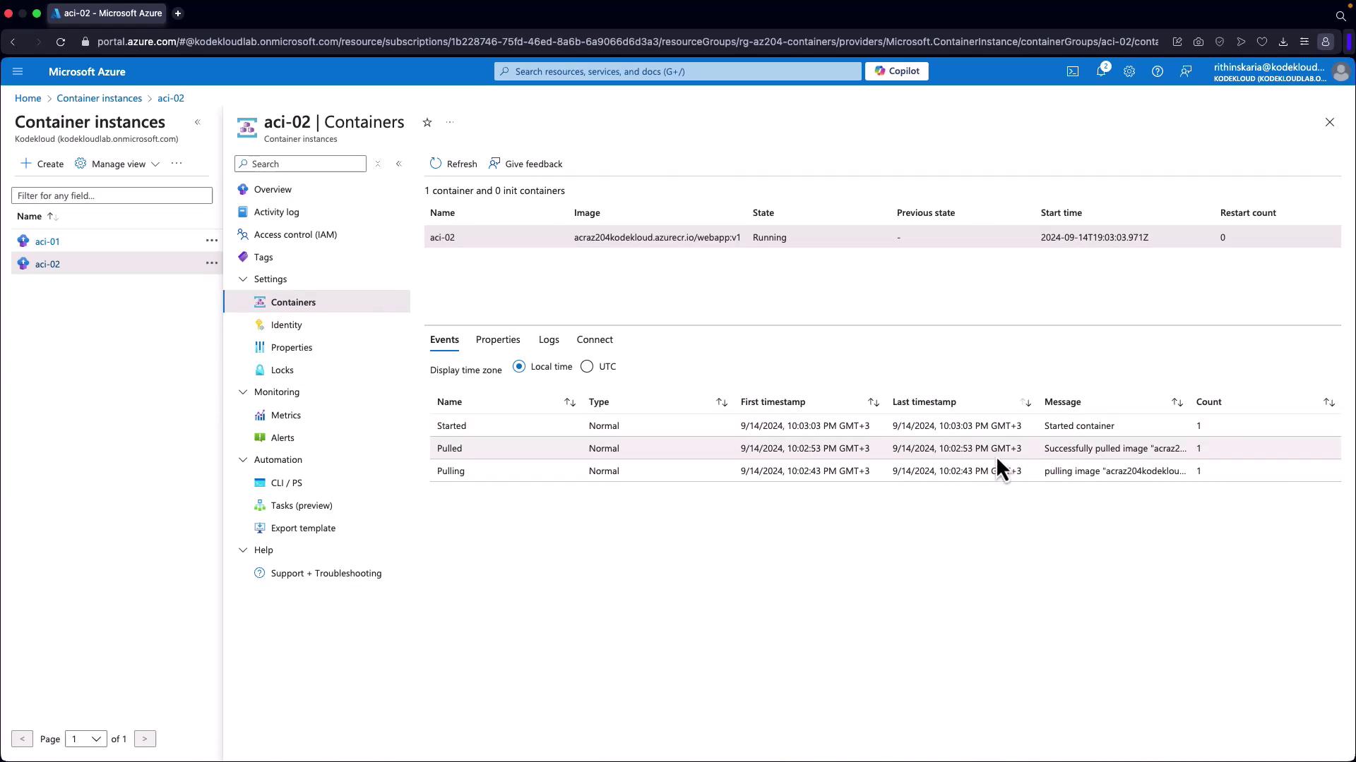 The image shows the Microsoft Azure portal displaying details of a container instance named "aci-02," including its status, events, and timestamps related to its operation.