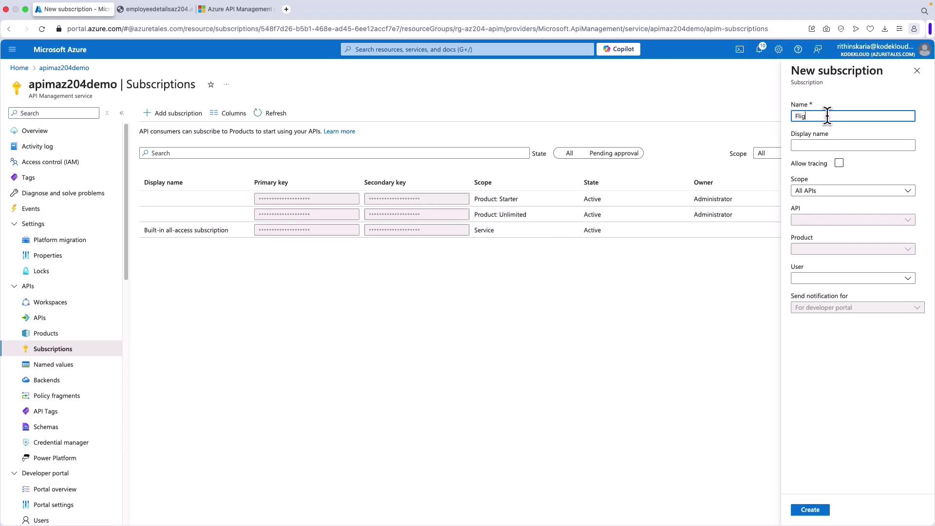 The image shows a Microsoft Azure API Management portal with a list of subscriptions and a panel for creating a new subscription.
