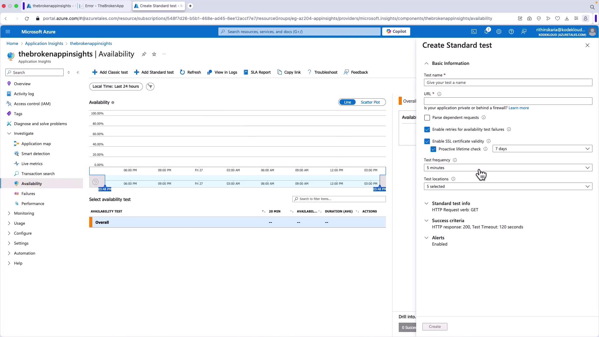 The image shows a Microsoft Azure portal interface displaying the "Availability" section of "Application Insights" for a project named "thebrokenappinsights." It includes a graph of availability over time and a panel for creating a standard test with various configuration options.