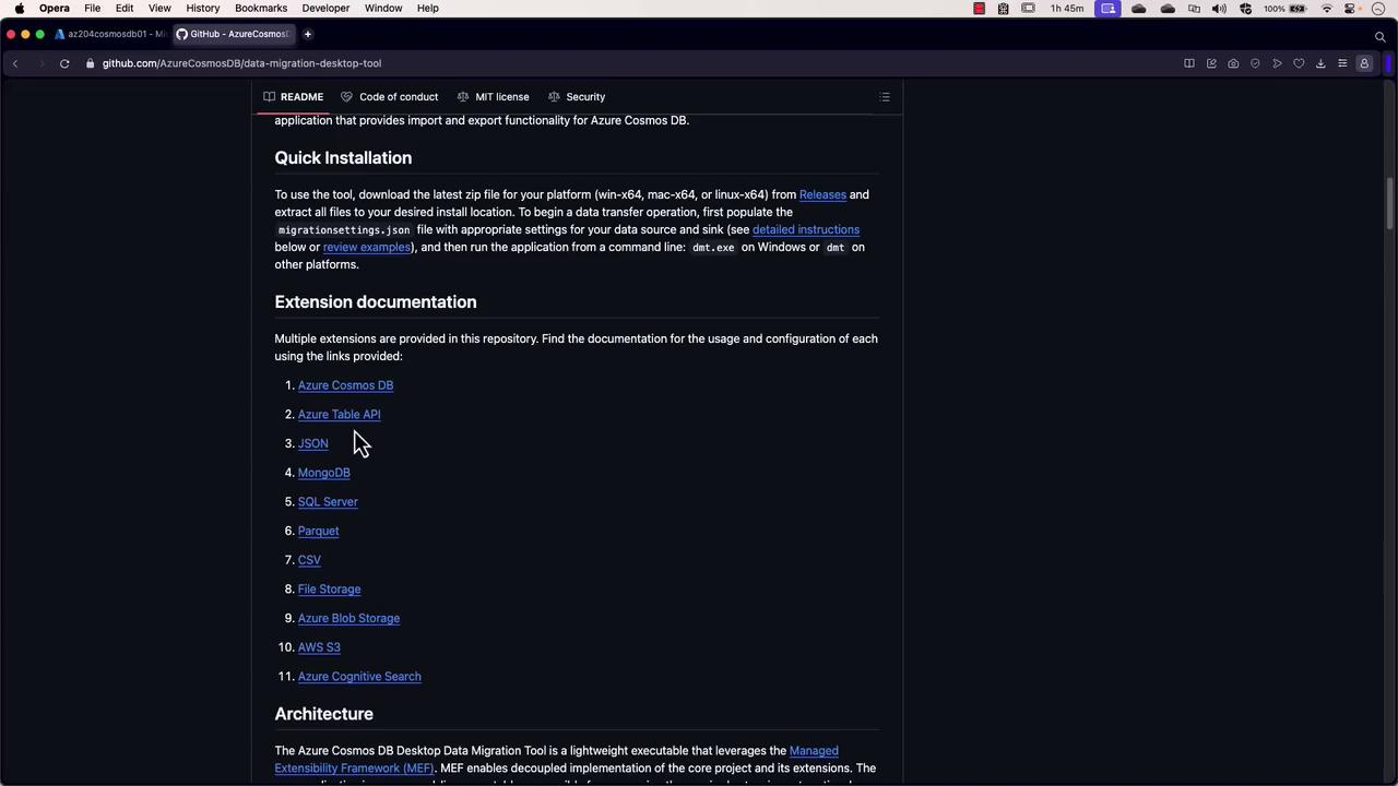 The image shows a GitHub page for the Azure Cosmos DB data migration desktop tool, featuring sections on quick installation and extension documentation with links to various database and storage options.