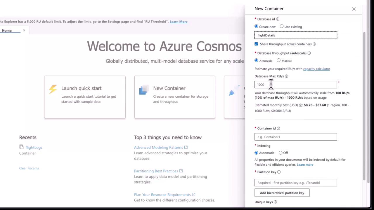 The image shows the Azure Cosmos DB interface, with options to launch a quick start or create a new container. A "New Container" setup panel is open, allowing configuration of database ID, throughput, and other settings.