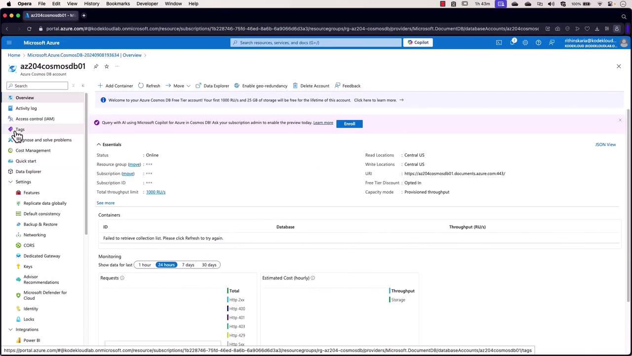The image shows the Microsoft Azure portal interface, specifically the overview page for an Azure Cosmos DB account. It displays various details such as status, location, and monitoring options.