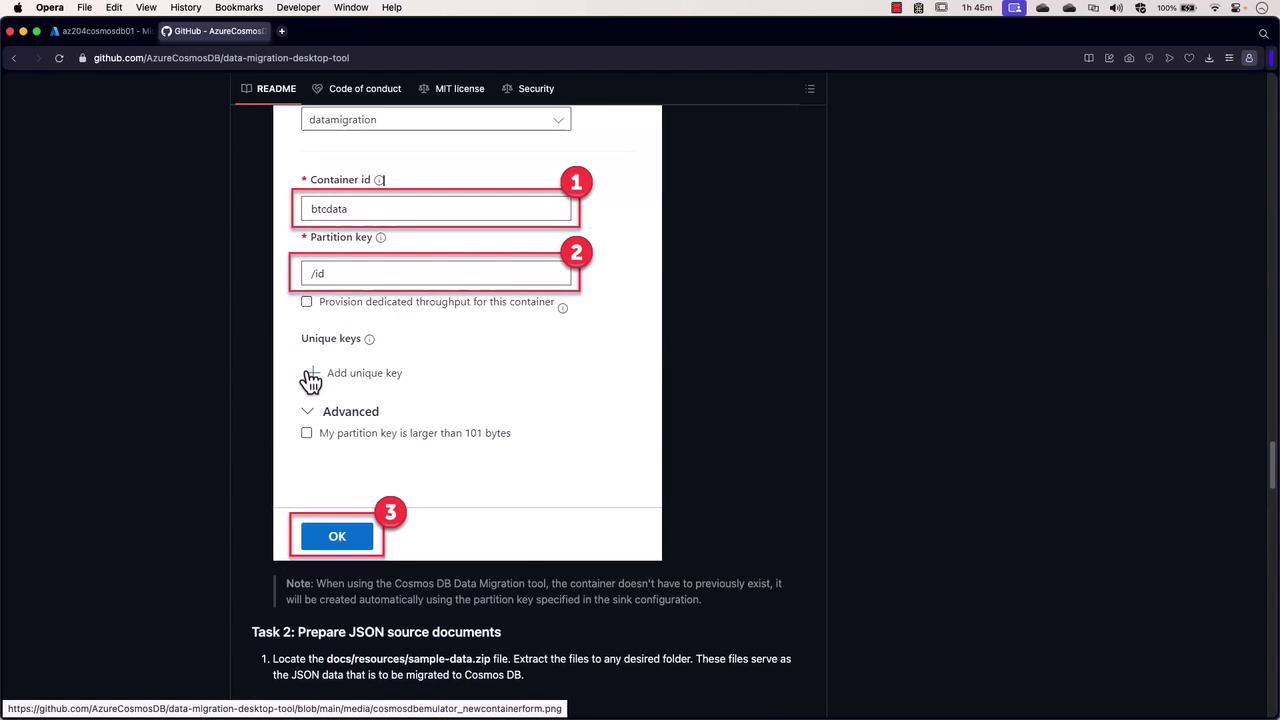 The image shows a GitHub page with a form for configuring a new container in Azure Cosmos DB, including fields for "Container id" and "Partition key." There are numbered annotations highlighting specific parts of the form.