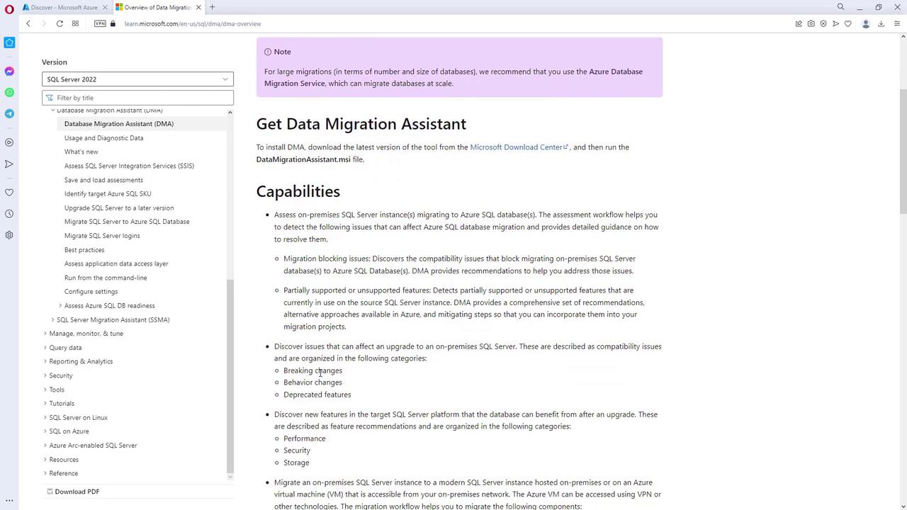 The image shows a webpage from Microsoft Azure's documentation about the Data Migration Assistant, detailing its capabilities and features for migrating SQL Server instances to Azure SQL databases. The page includes a navigation menu on the left and content about migration issues and solutions on the right.