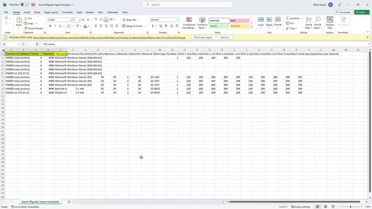 The image shows an Excel spreadsheet titled "Azure Migrate import template" with data about virtual machines, including server names, IP addresses, cores, memory, OS names, and other specifications.