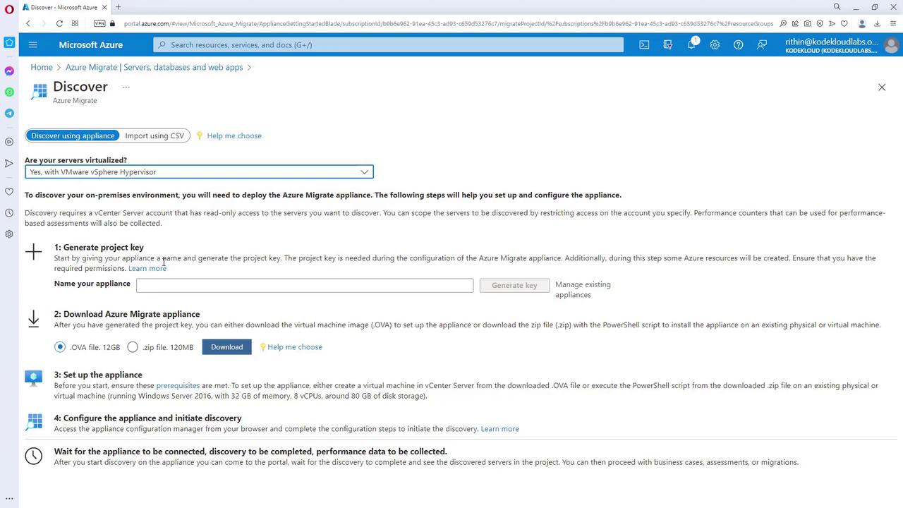 The image shows a Microsoft Azure portal page for Azure Migrate, detailing steps to set up and configure an appliance for discovering on-premises environments. It includes options for generating a project key, downloading the Azure Migrate appliance, and setting up the appliance.