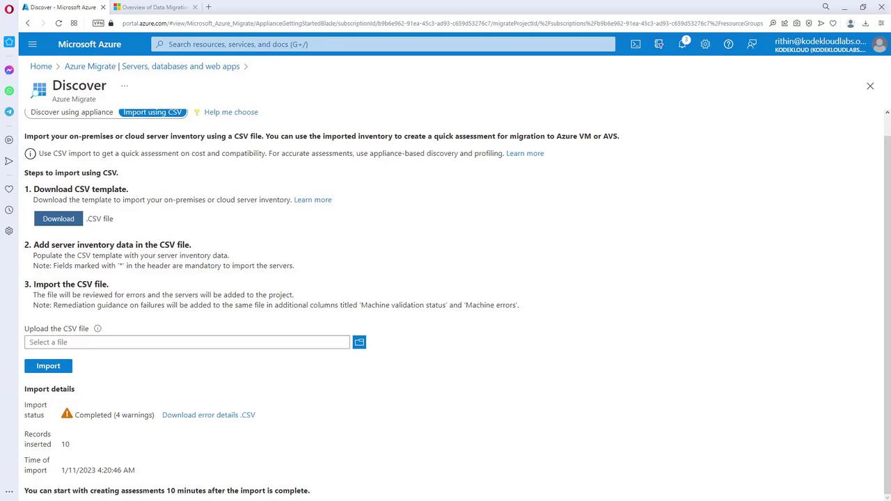 The image shows a Microsoft Azure portal page for importing server inventory using a CSV file, with steps for downloading a template, adding data, and importing the file. It also displays import details, including status and records inserted.