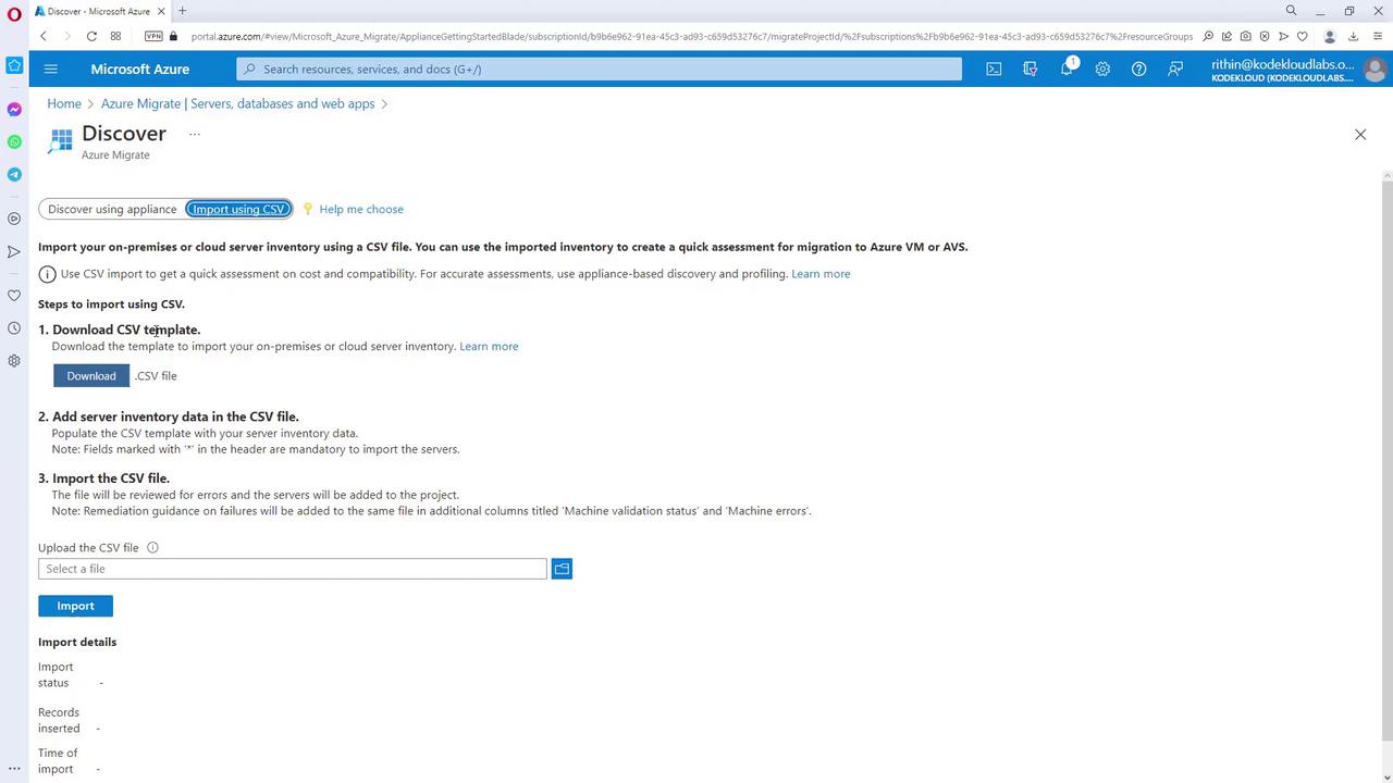 The image shows a Microsoft Azure portal page for importing server inventory using a CSV file. It provides steps for downloading a CSV template, adding server data, and importing the file for migration assessment.