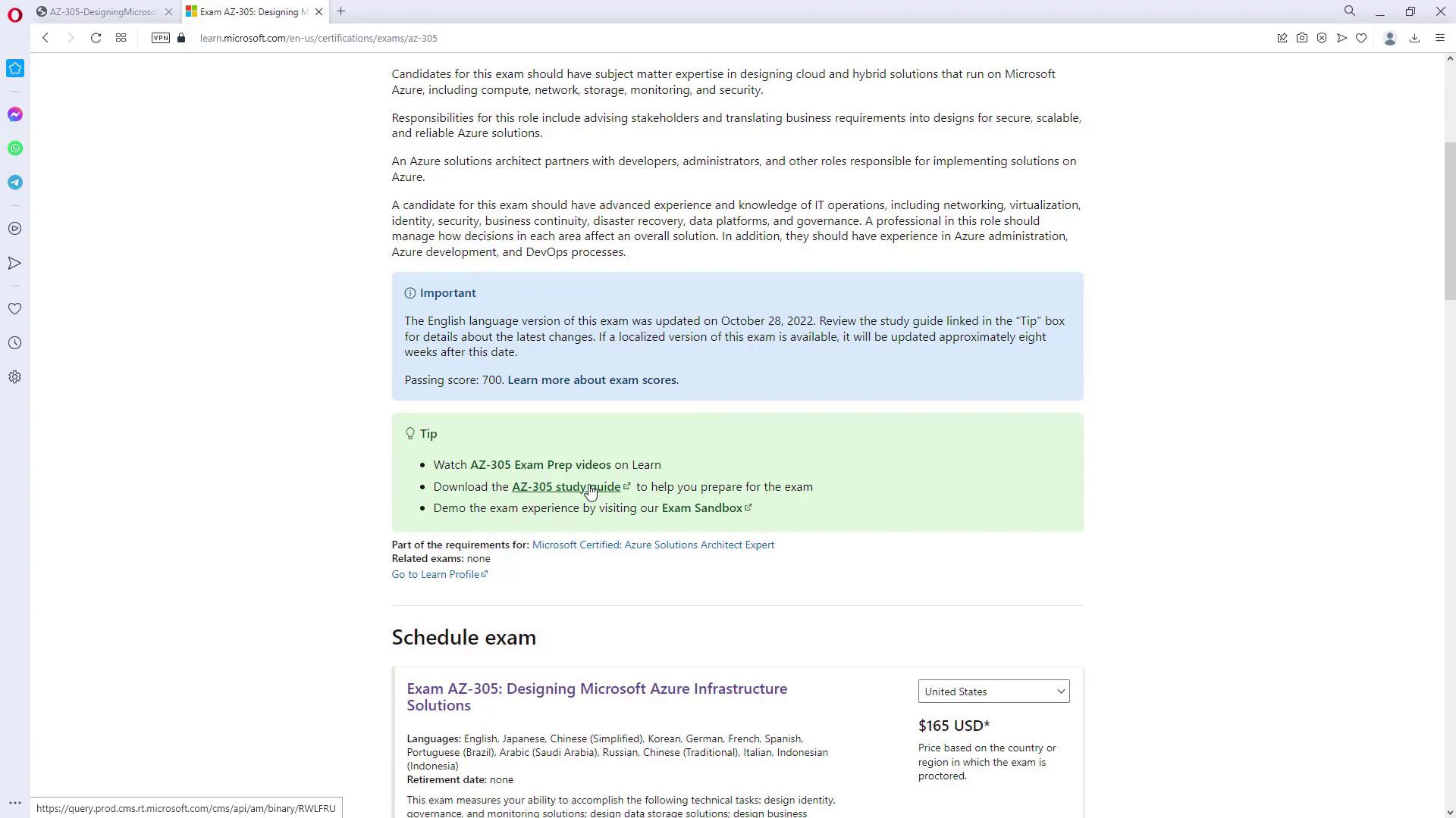 The image is a webpage detailing the Microsoft Azure AZ-305 exam, including information about the exam's content, preparation tips, and scheduling details.