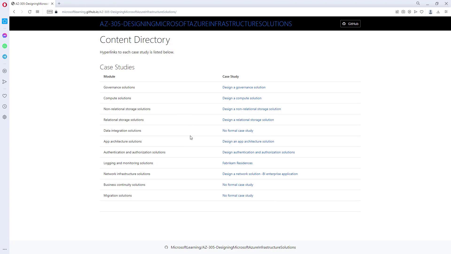 The image shows a webpage titled "Content Directory" with a list of case studies related to Microsoft Azure infrastructure solutions, each linked to a specific design solution.