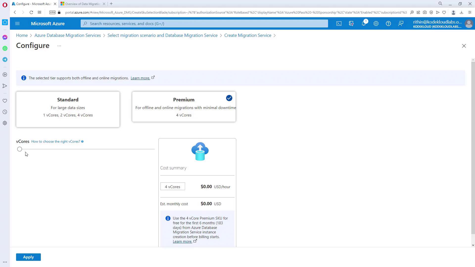 The image shows a Microsoft Azure configuration page for selecting a database migration service tier, with options for "Standard" and "Premium" plans, and a cost summary for 4 vCores.