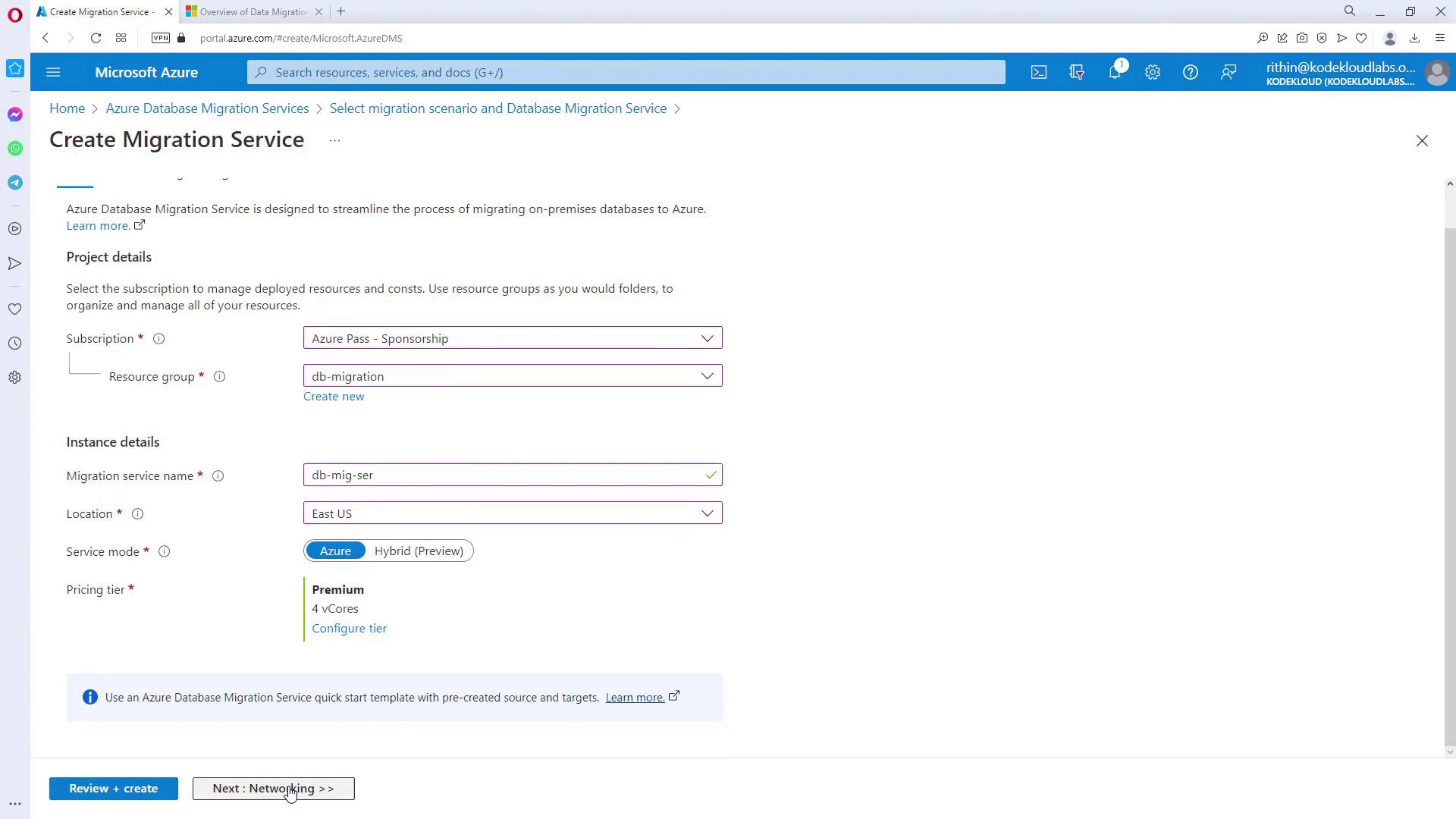 The image shows a Microsoft Azure portal page for creating a migration service, with fields for project and instance details such as subscription, resource group, migration service name, location, and pricing tier.