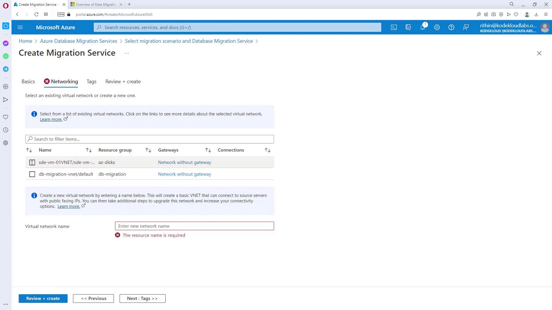 The image shows a Microsoft Azure portal page for creating a migration service, specifically focusing on the networking section where users can select or create a virtual network.