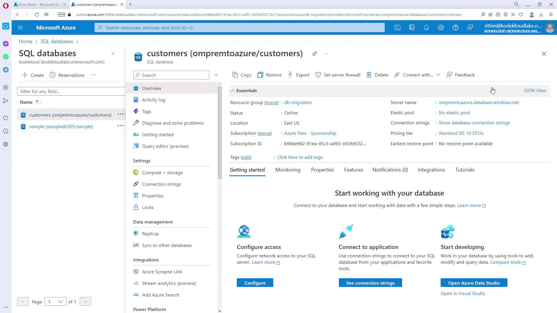 The image shows a Microsoft Azure portal interface displaying details of a SQL database named "customers." It includes options for configuring access, connecting to applications, and starting development.
