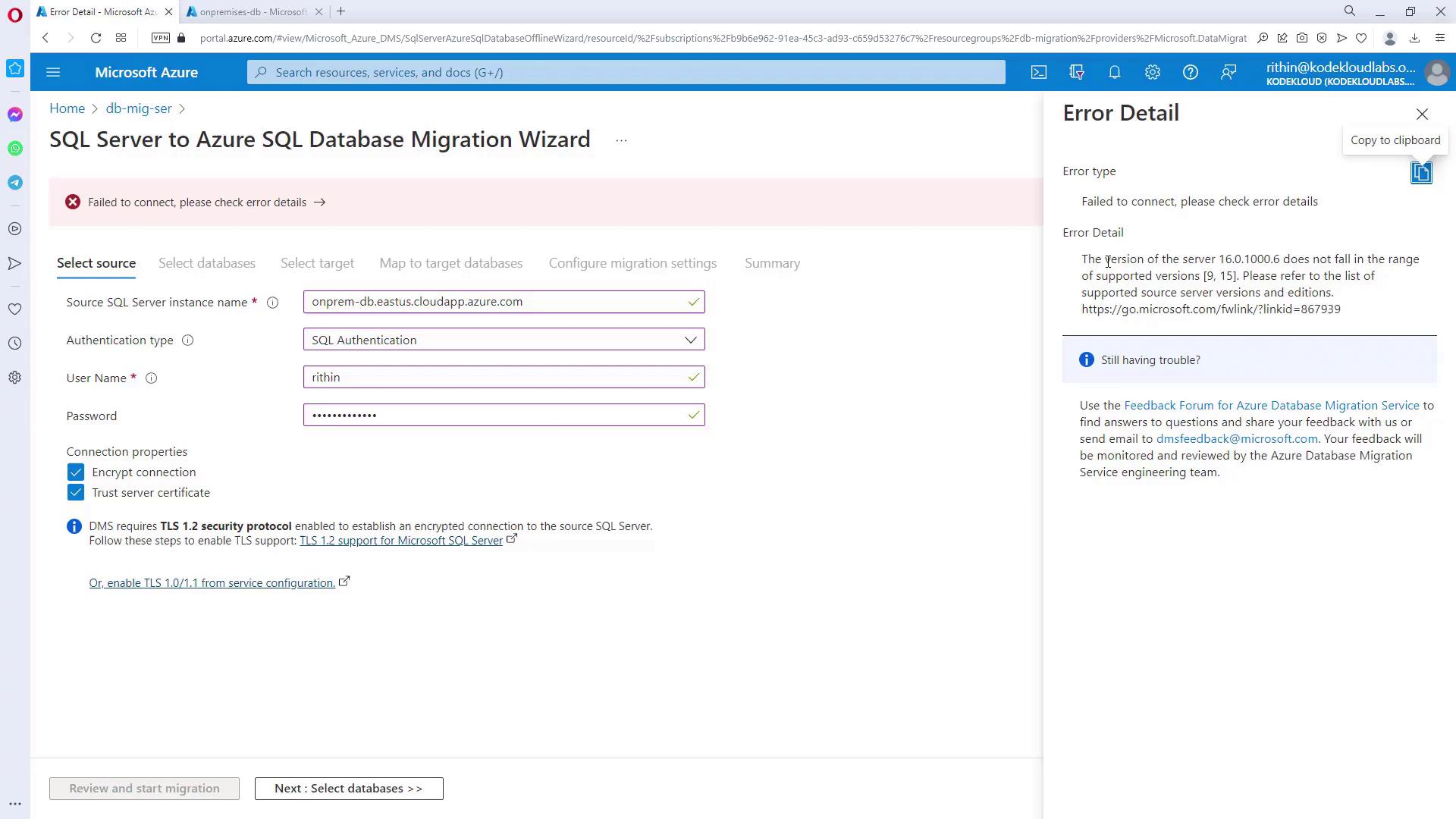 The image shows a Microsoft Azure SQL Server to Azure SQL Database Migration Wizard interface with an error message indicating a connection failure due to an unsupported server version. The error details suggest checking the list of supported server versions and editions.