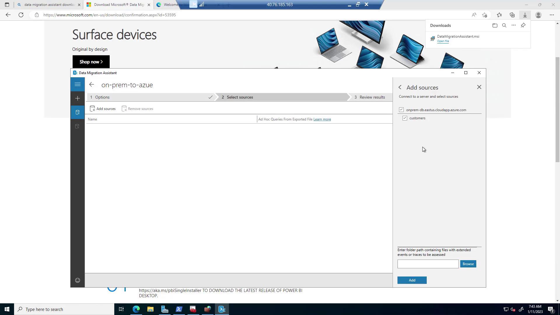 The image shows a screenshot of the Data Migration Assistant tool with a focus on adding sources for migration, alongside a Microsoft Surface devices webpage.