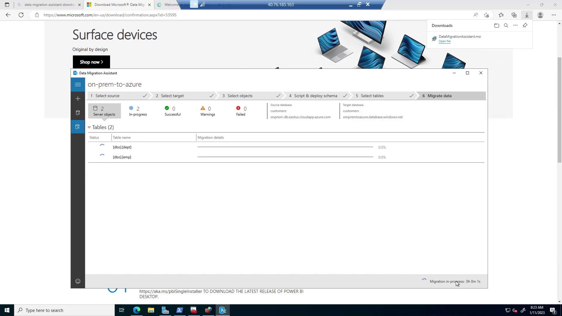 The image shows a screenshot of the Data Migration Assistant tool in use, displaying the progress of migrating data from on-premises to Azure. It includes details about server objects, tables, and migration status.