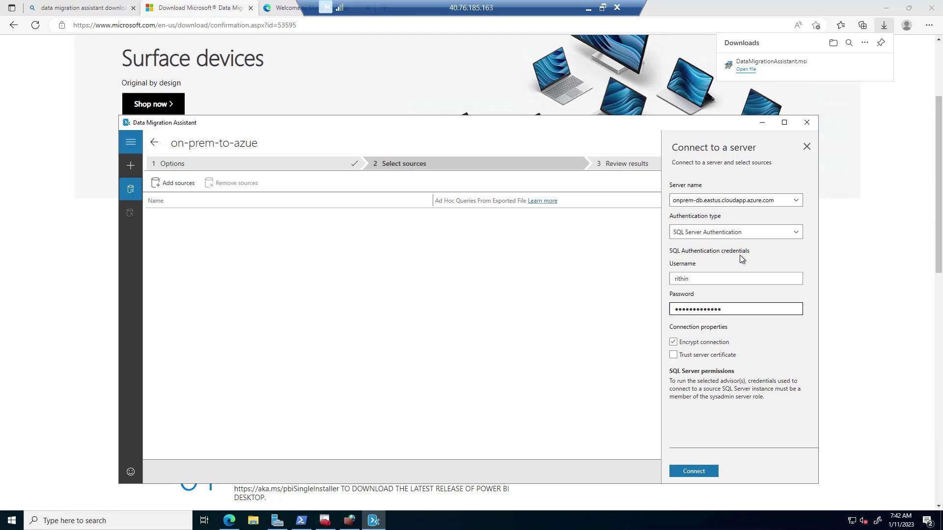 The image shows a screenshot of the Data Migration Assistant tool with a "Connect to a server" window open, displaying fields for server name, authentication type, and SQL authentication credentials. In the background, a Microsoft Surface devices webpage is partially visible.