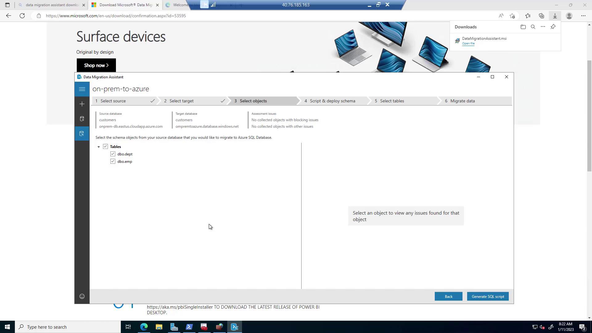 The image shows a screenshot of the Data Migration Assistant tool, specifically the "Select objects" step for migrating a database from on-premises to Azure. It includes options to select tables for migration and displays no assessment issues.