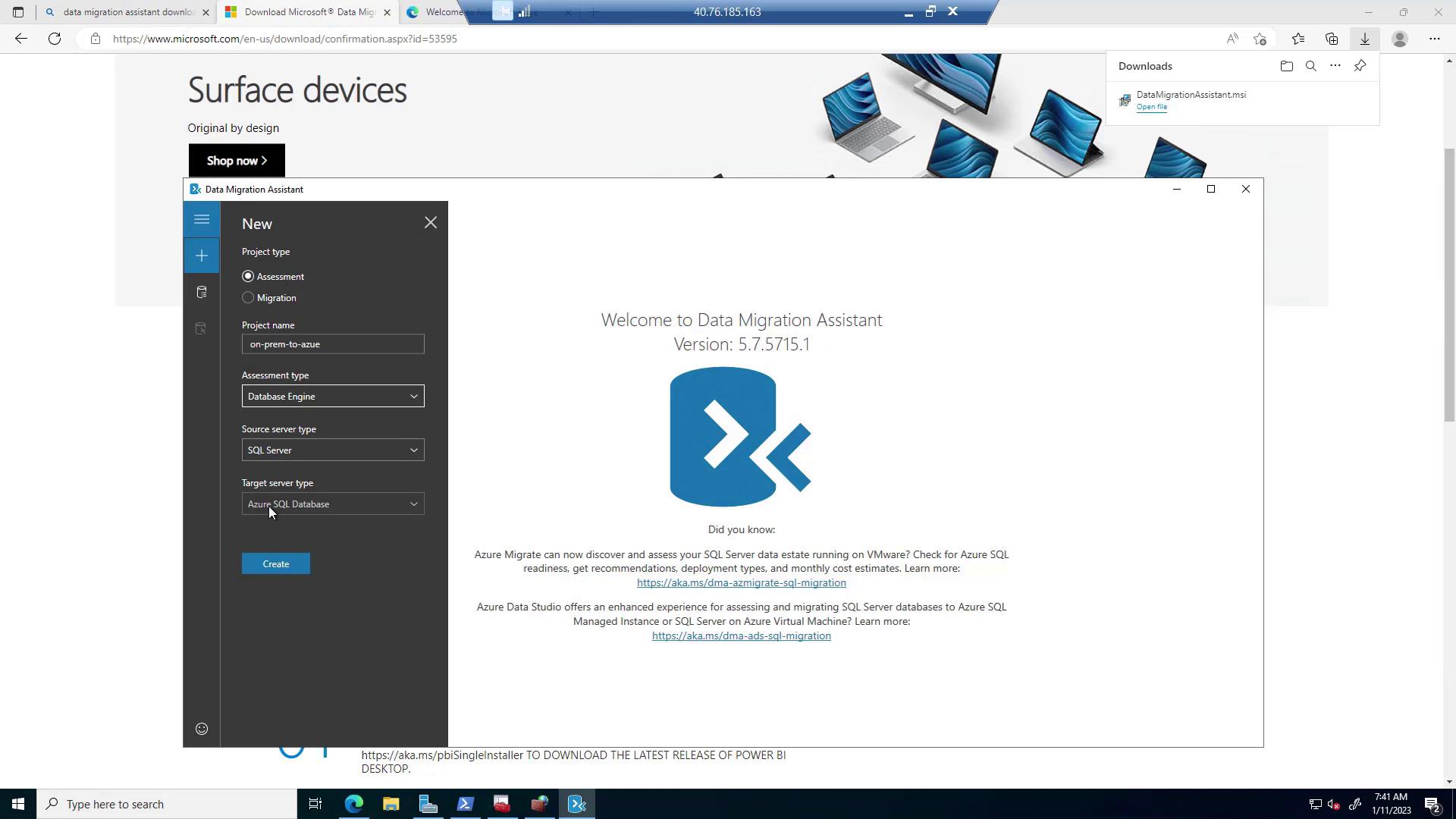 The image shows the Data Migration Assistant software interface, with options for creating a new project to assess or migrate data from SQL Server to Azure SQL Database.