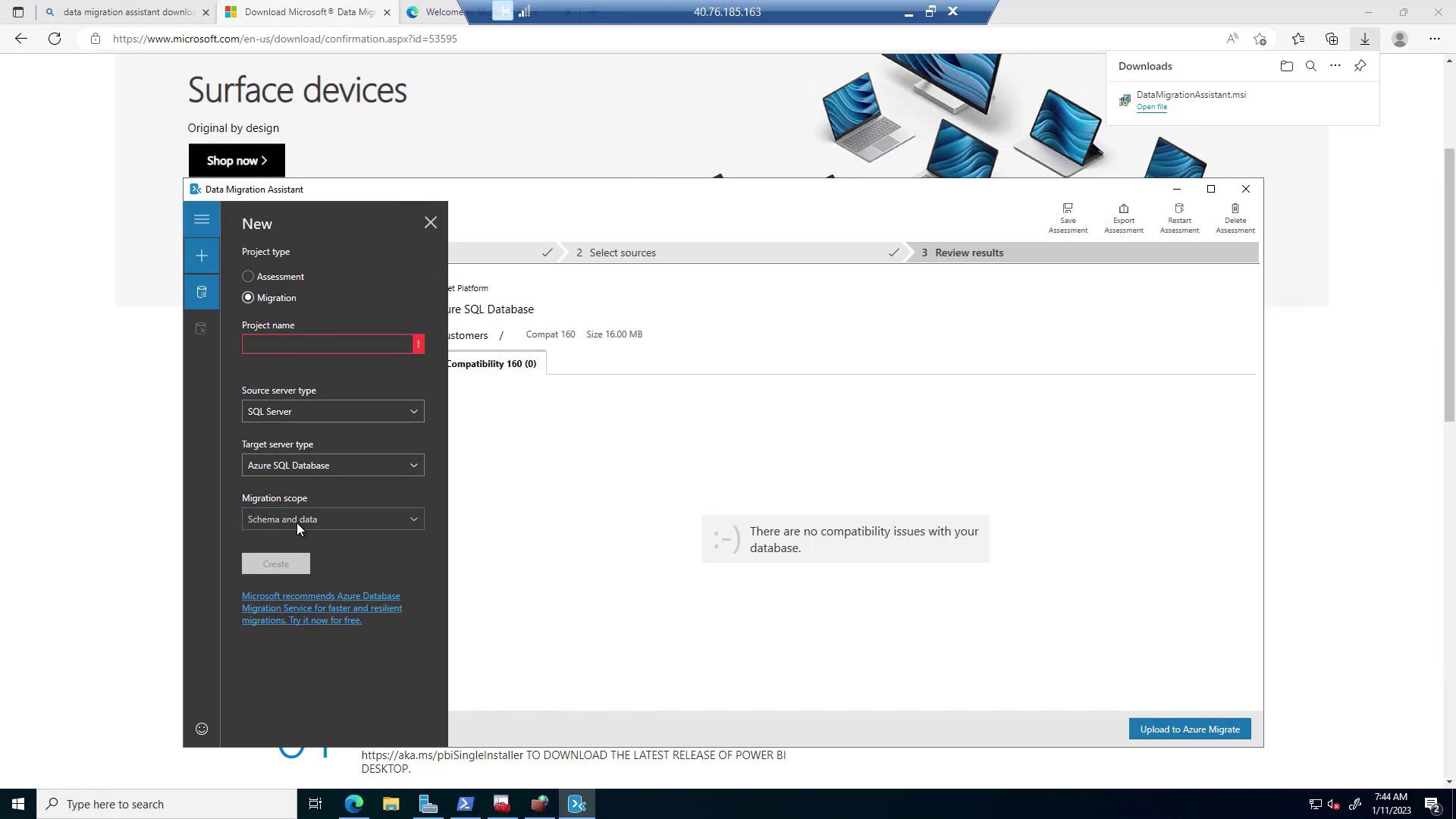 The image shows a screenshot of the Microsoft Data Migration Assistant tool, with a project setup window open for creating a new migration project from SQL Server to Azure SQL Database. The background displays a Microsoft Surface devices webpage.