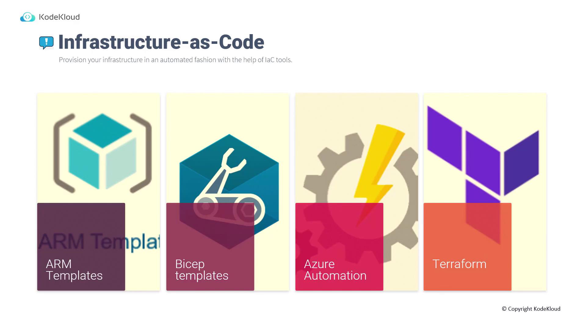 The image is a KodeKloud graphic about Infrastructure-as-Code, featuring tools like ARM Templates, Bicep templates, Azure Automation, and Terraform.