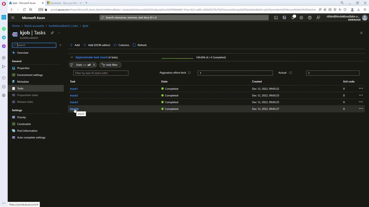 The image shows a Microsoft Azure portal interface displaying a list of completed tasks under a job named "kjob" in the "kodekloudbatchbatch" account. Each task is marked as completed with an exit code of 0.