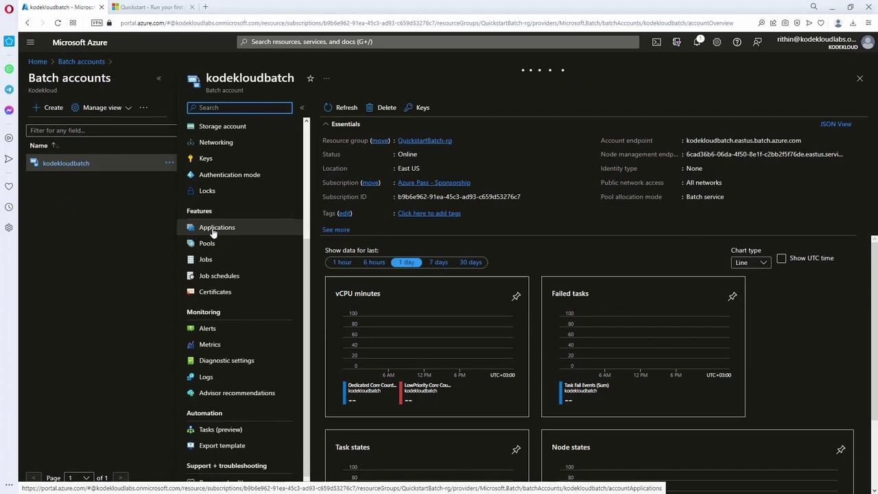 The image shows a Microsoft Azure portal interface displaying details of a batch account named "kodekloudbatch." It includes information about resource groups, account status, and monitoring metrics like vCPU minutes and failed tasks.