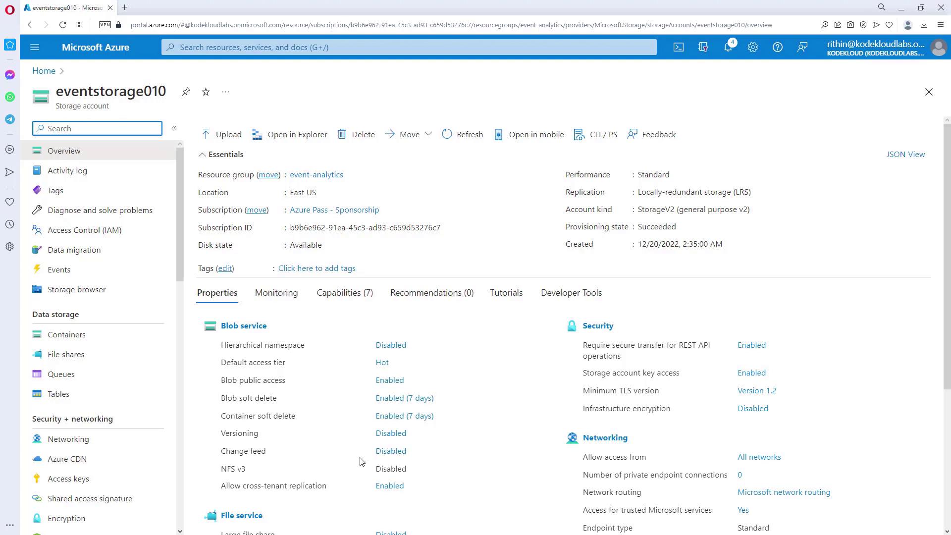 The image shows a Microsoft Azure portal interface displaying details of a storage account named "eventstorage010," including its properties, security settings, and networking configurations.